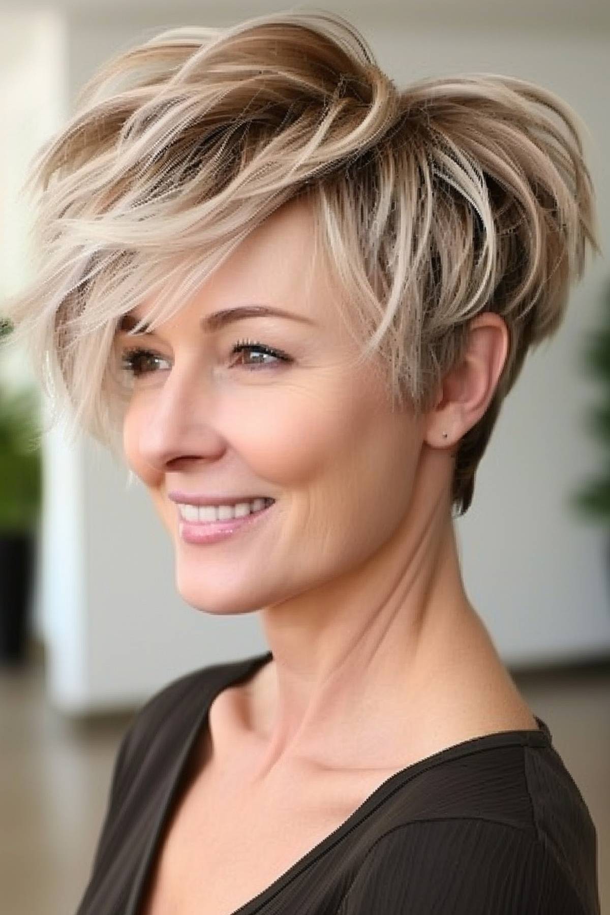A woman in a short, angled pixie cut with irregular layers adding volume and dynamic movement.