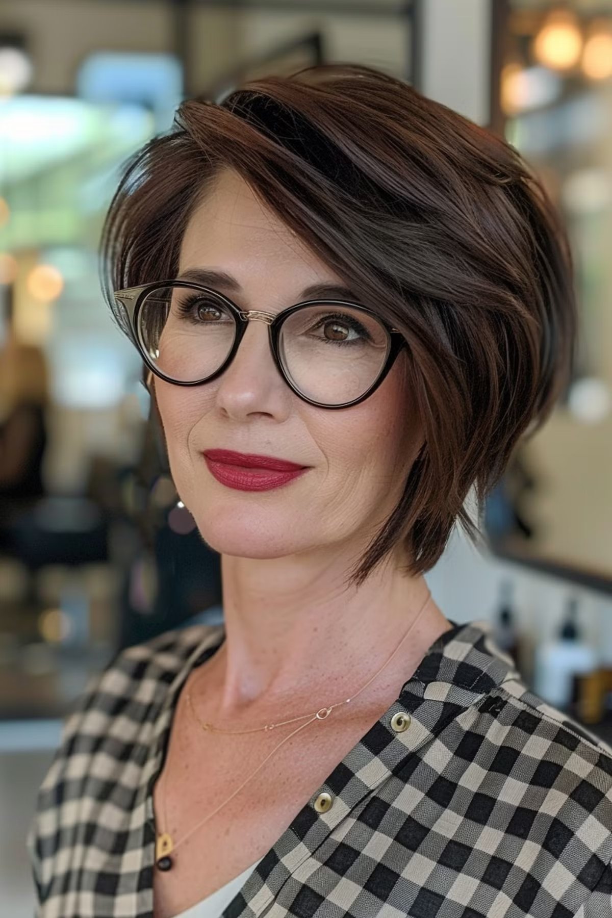 short asymmetrical bob hairstyle for over 50 with glasses