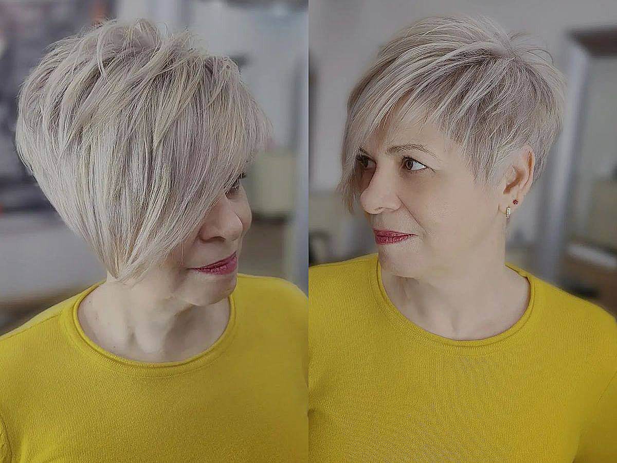 Short Asymmetrical Side-Swept Pixie Cut with Very Long Bangs for an Older Lady