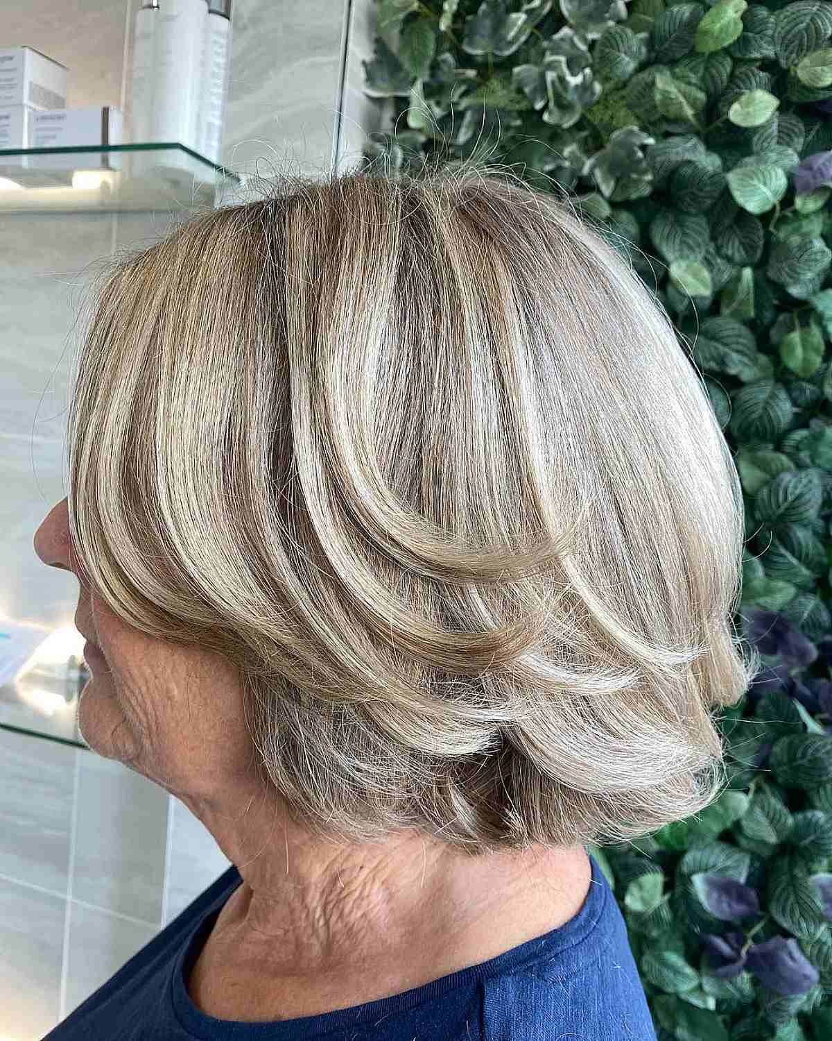 Short Beige Layered Bob with Feathered Ends