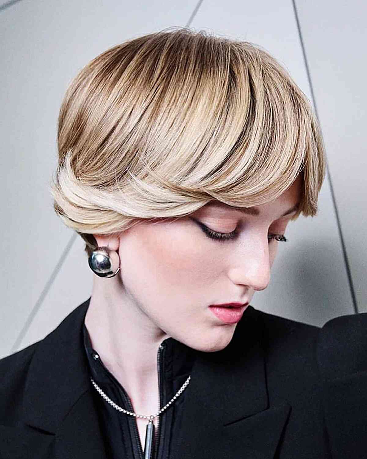 Short Blonde Bob with Dark Roots and Flipped Bangs for women with light skin