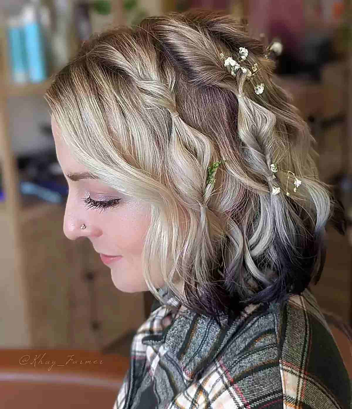 Short Blonde Dip-Dyed Hair with Mini Twists, Loose Waves and Mini Floral Hair Pieces
