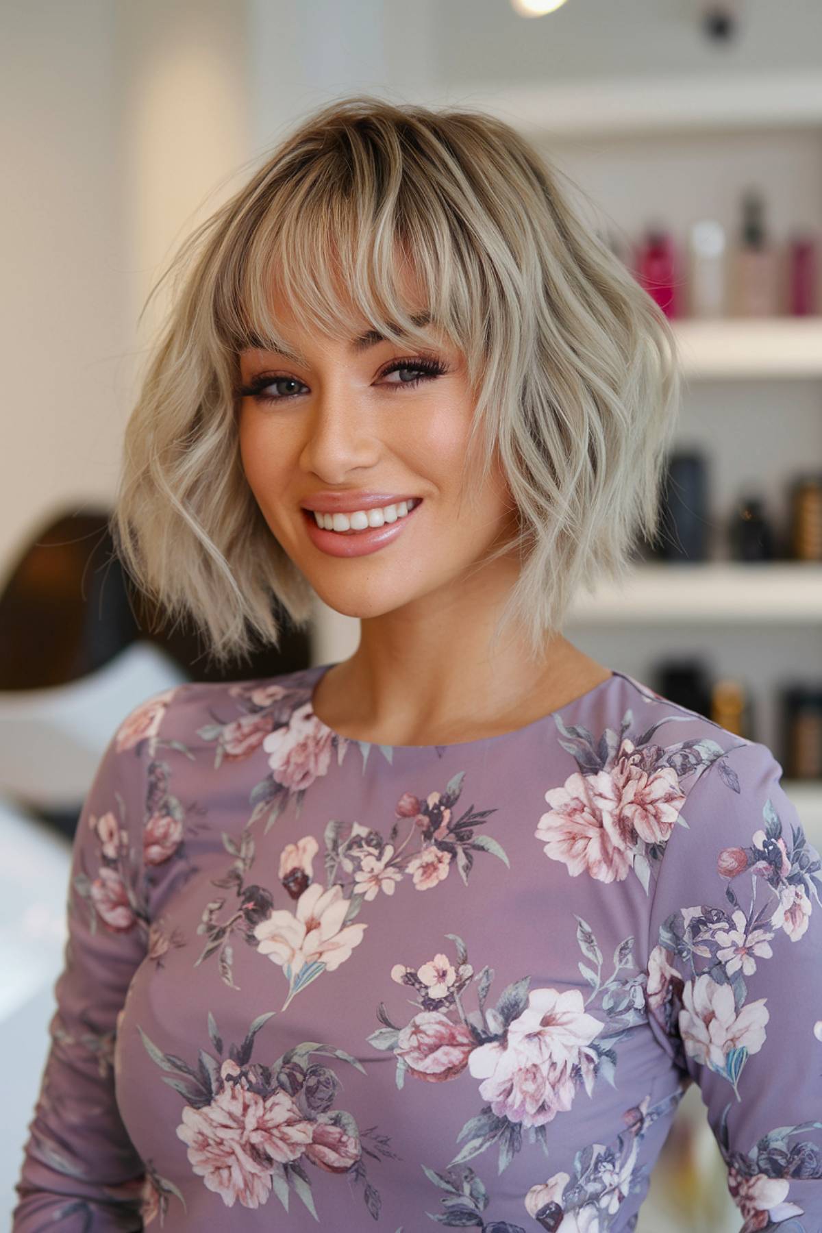 Choppy short blonde bob with soft, long bangs for an effortlessly edgy yet feminine look