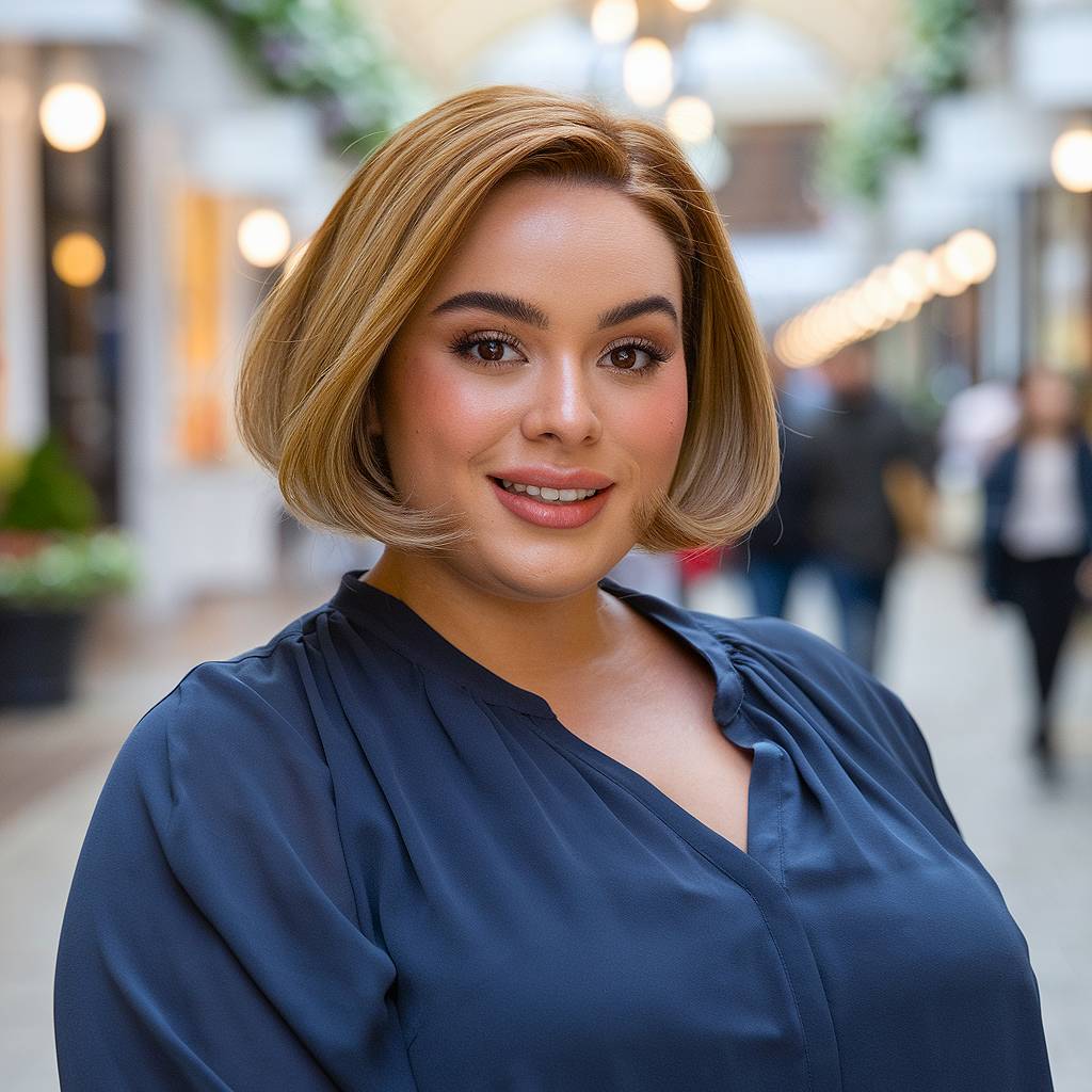 Chic short bob with rounded layers for plus-size women, adding softness and face-framing volume