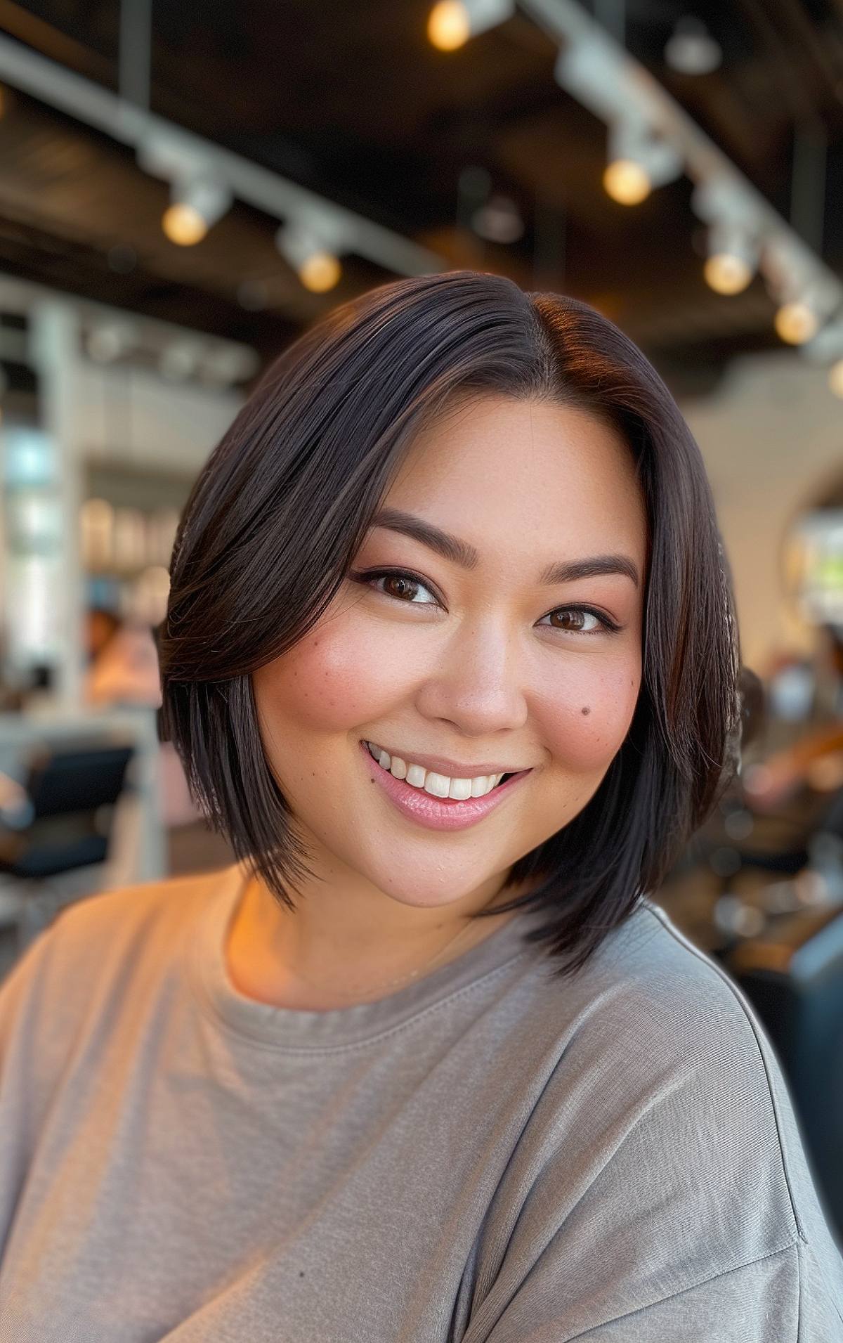 Short bob hairstyle for thick hair and chubby face with a middle part