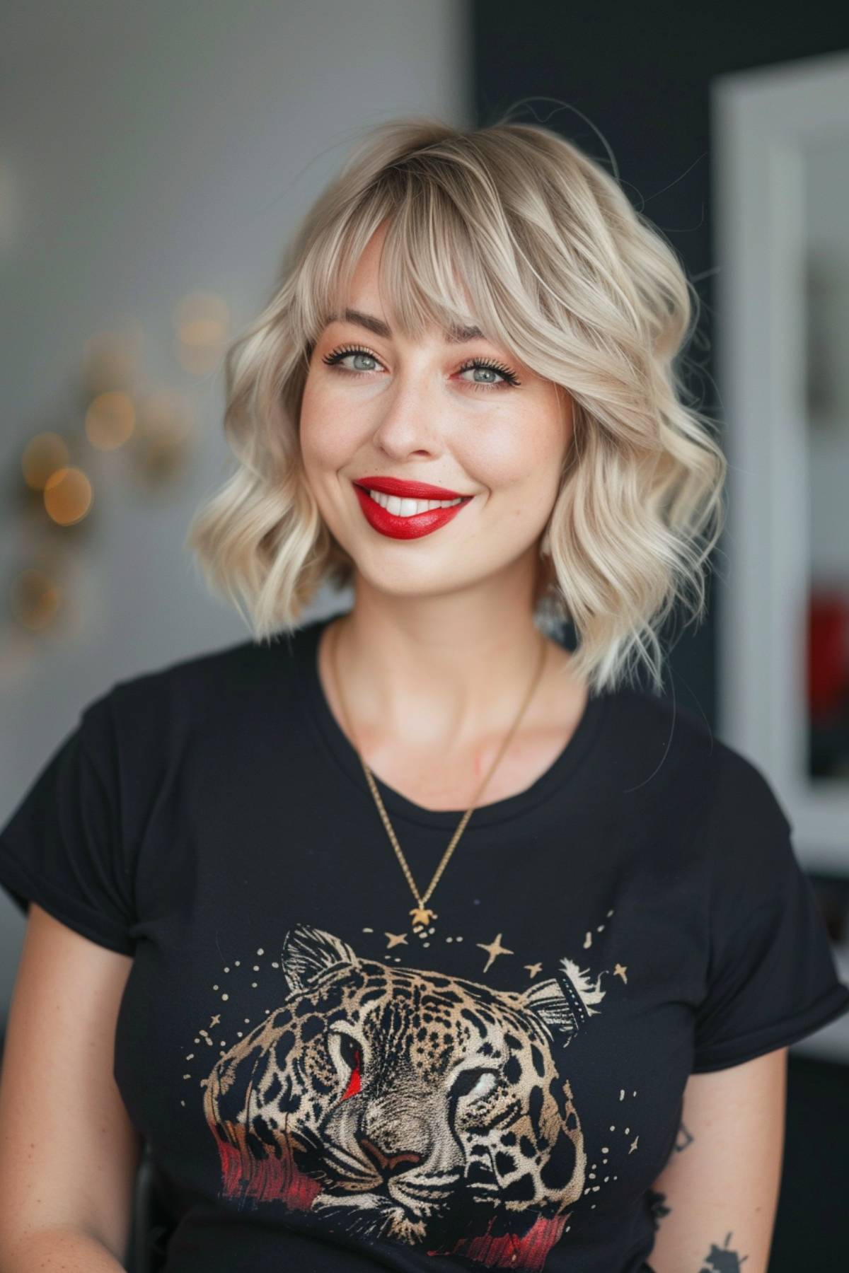 Short bob hairstyles with fringe and tousled waves in light blonde hair