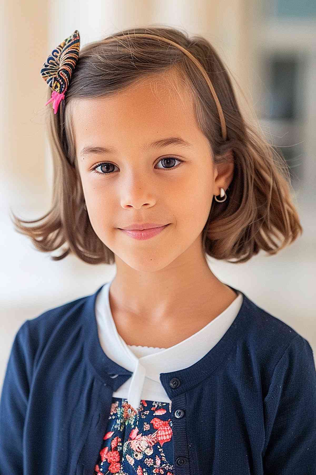 Young girl with a short bob hairstyle and side part