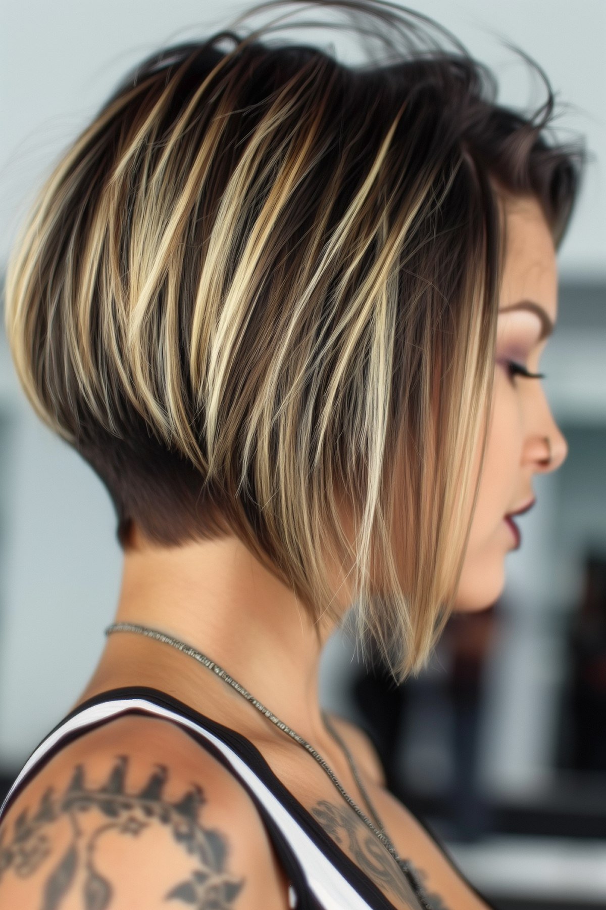 Short Bob with Undercut, Dark Roots, and Blonde Highlights