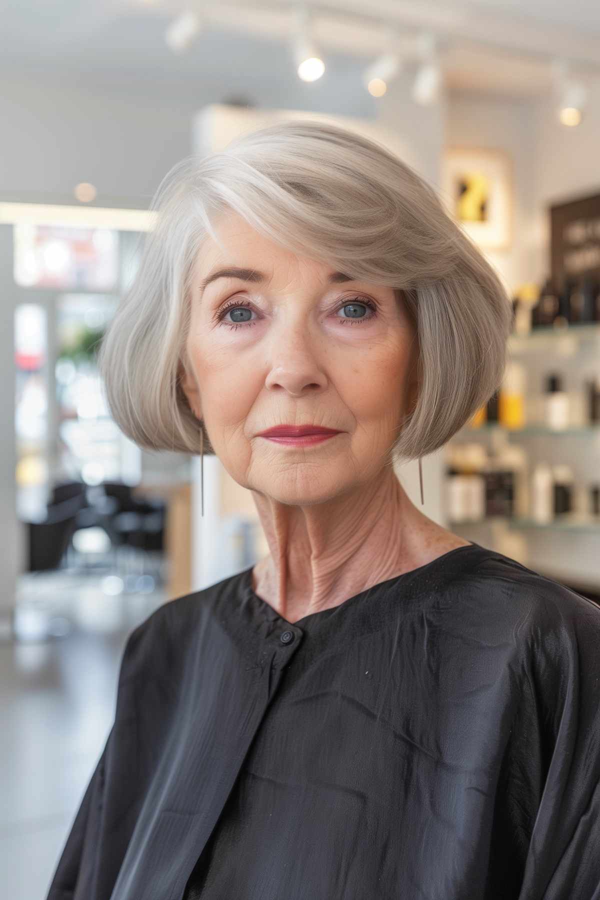 Older woman with a short bob haircut and angled bangs