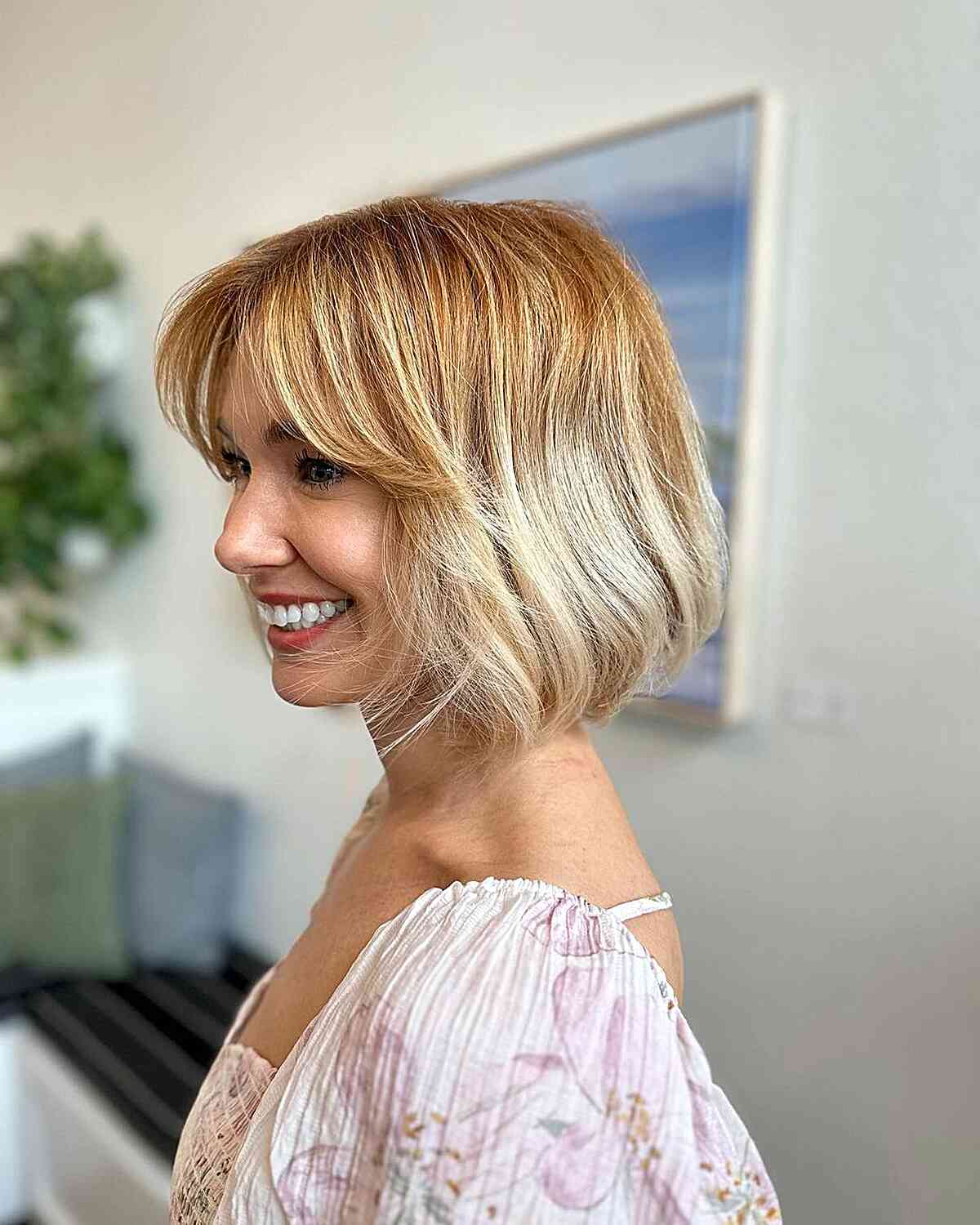Short Bob with Curtain Bangs and Beach Waves for women with messy hair