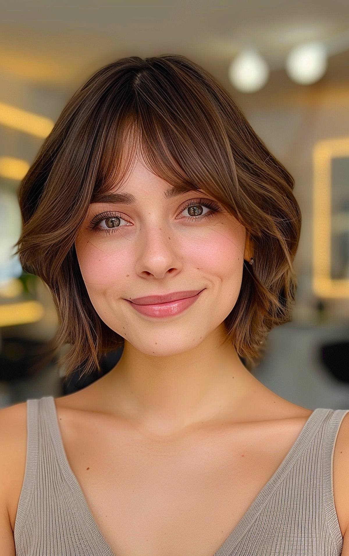 Short brunette bob with curtain bangs and face-framing layers