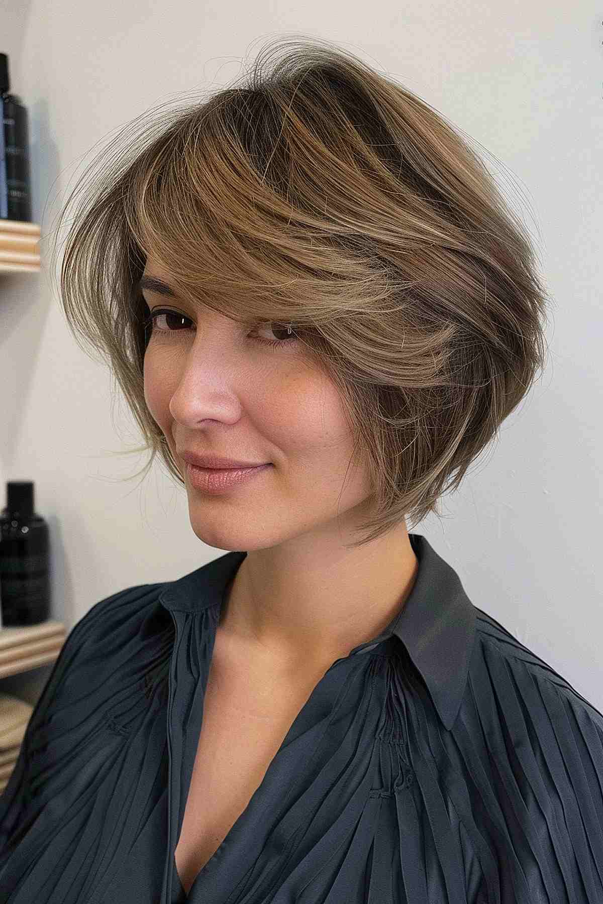 Short bob haircut with feathered layers and side-swept fringe, featuring subtle highlights