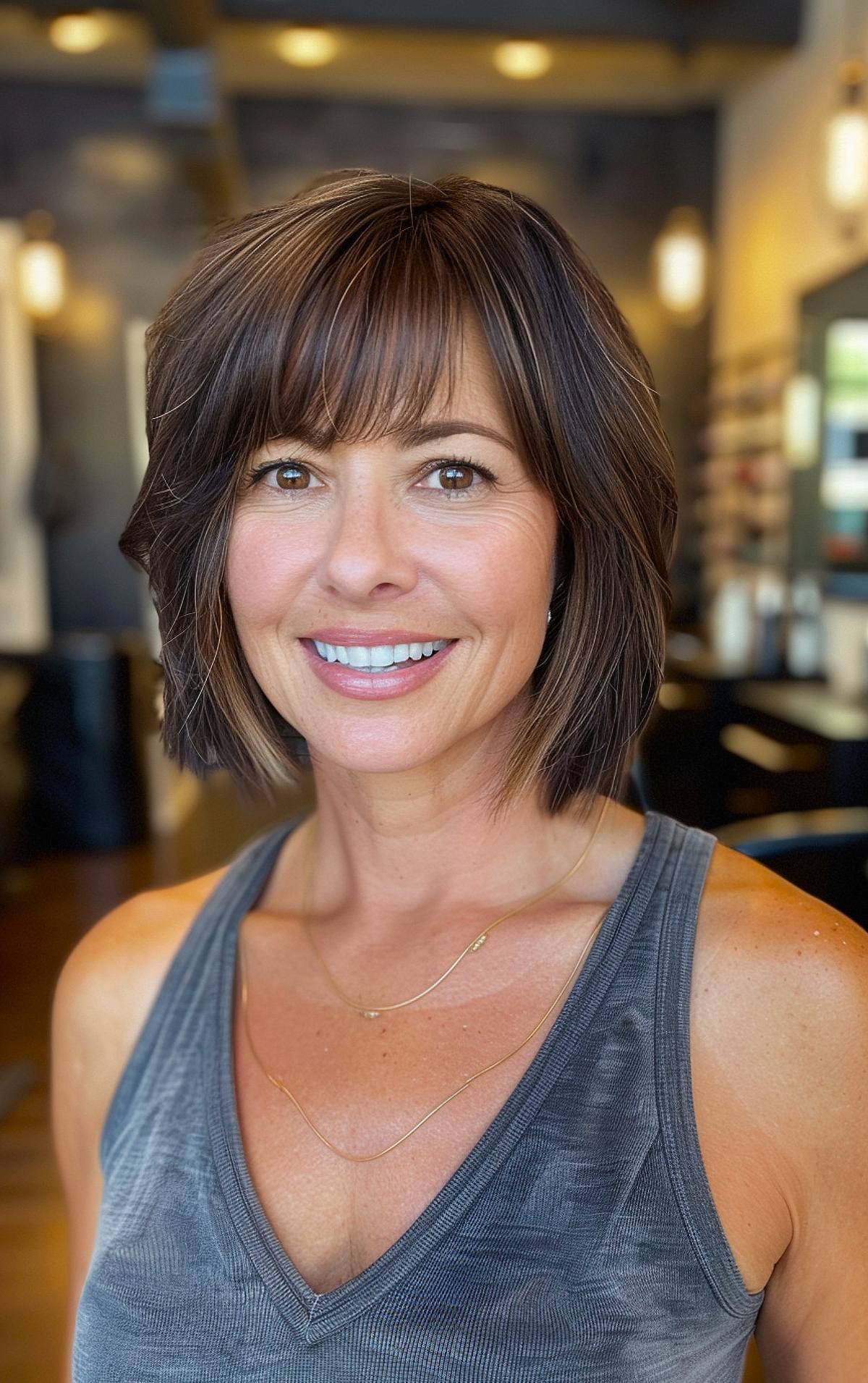 Short bob with full fringe and face-framing layers