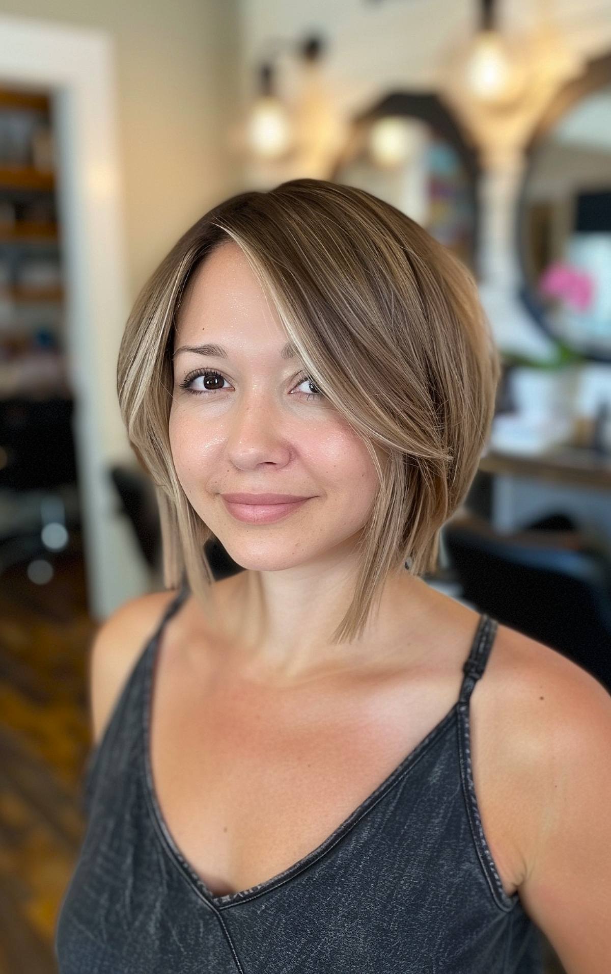 Sleek, straight short bob with face-framing layers