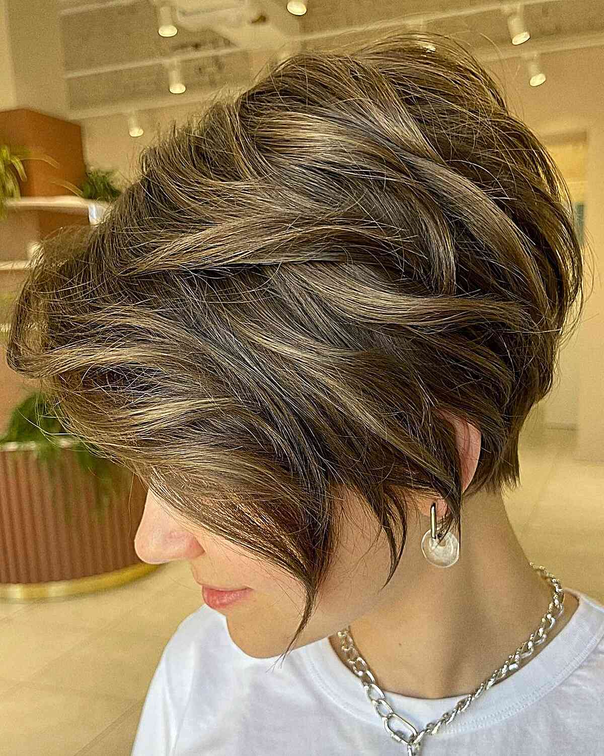 Short Brunette Layered Pixie Bob for women with chin-length hair