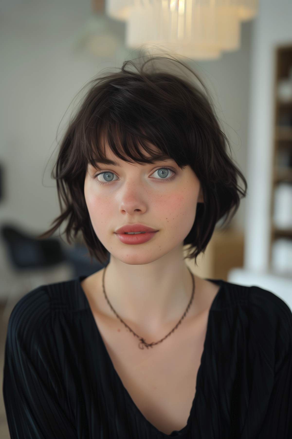 Short bullet hair with wispy bangs and layered texture