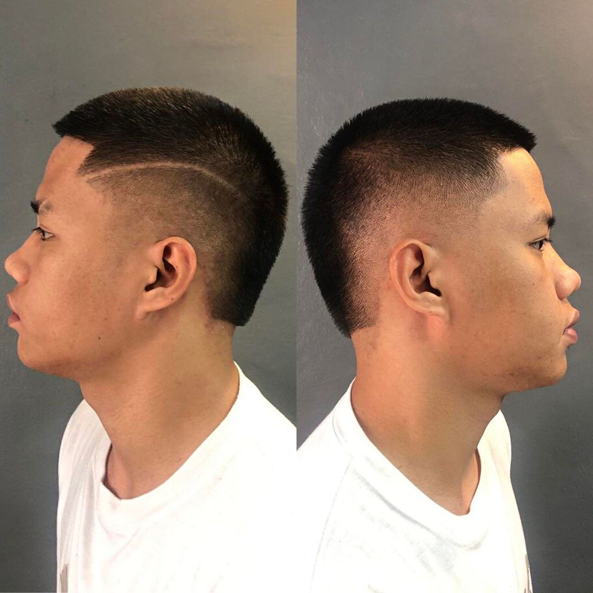 Short Burst Fade Buzz Cut with Surgical Part on Gents