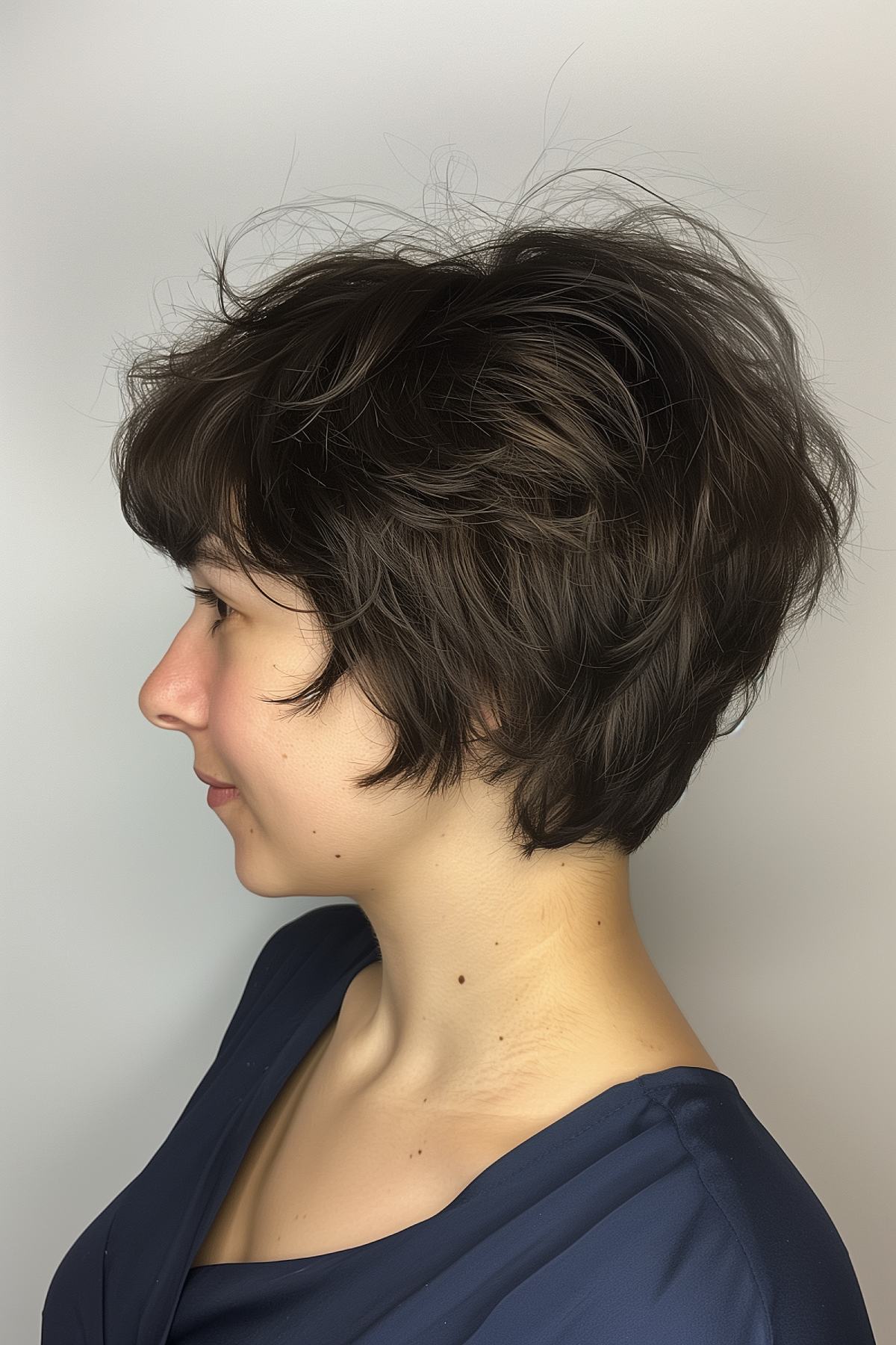 Short casual textured wedge haircut with natural waves on a brunette woman
