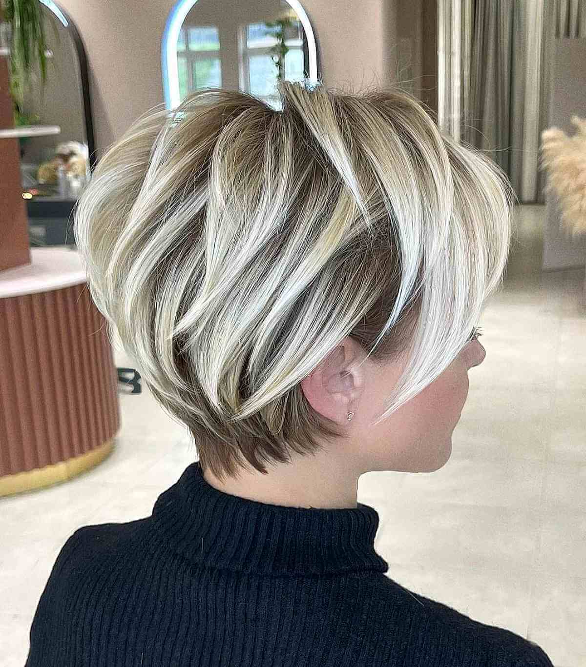 Short Champagne Blonde Balayage on a Long Pixie