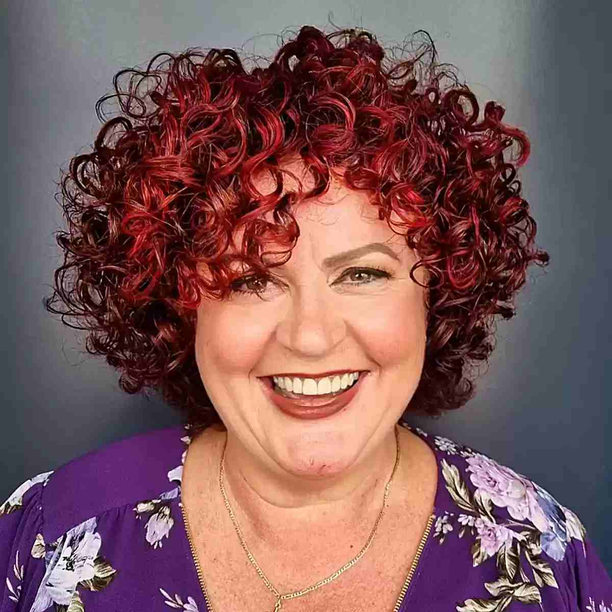 Short Cherry Red Curly Hair with Fringe for older ladies