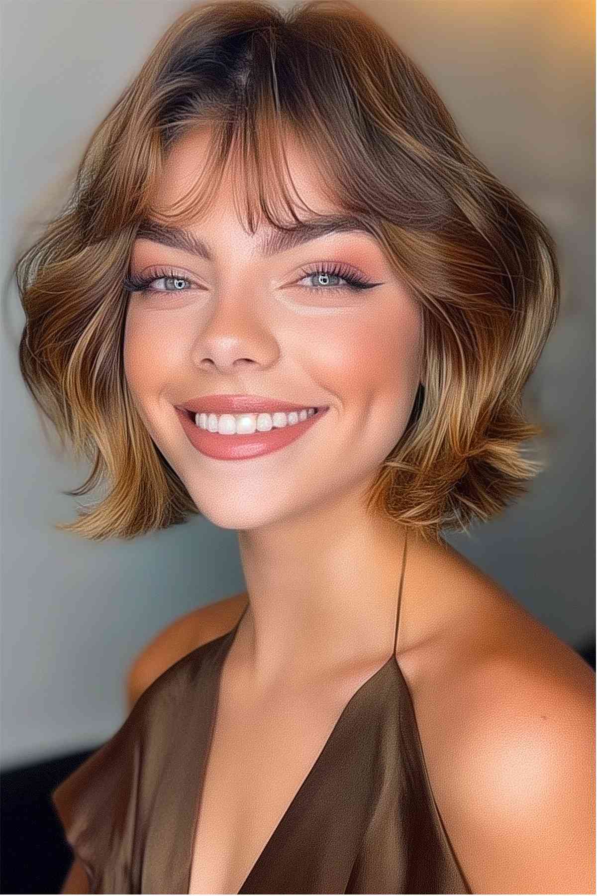 Tousled, layered Chanel bob cut above the shoulders for a voluminous look.