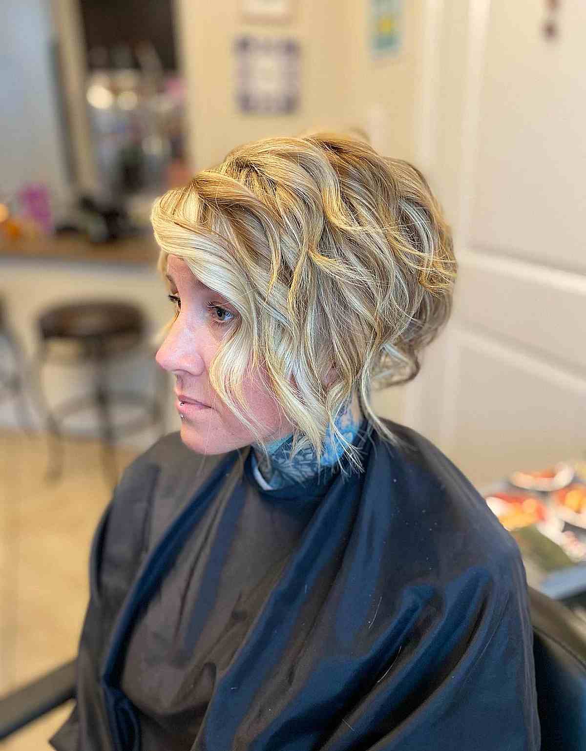 Short Chin-Length Angled Bob with Wavy Piece-y Layers
