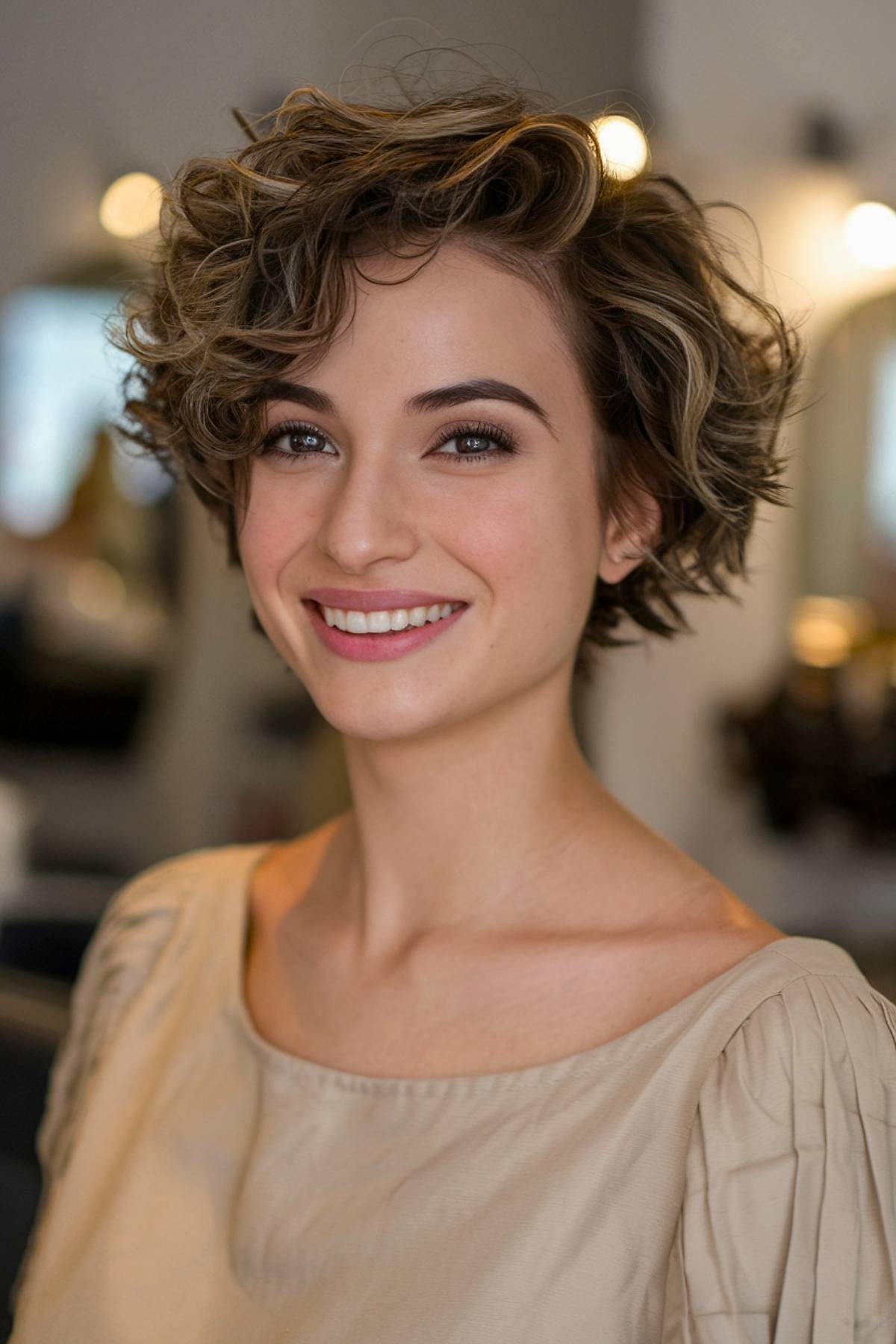 Short choppy curly haircut with textured layers, adding definition and movement for a modern, playful look