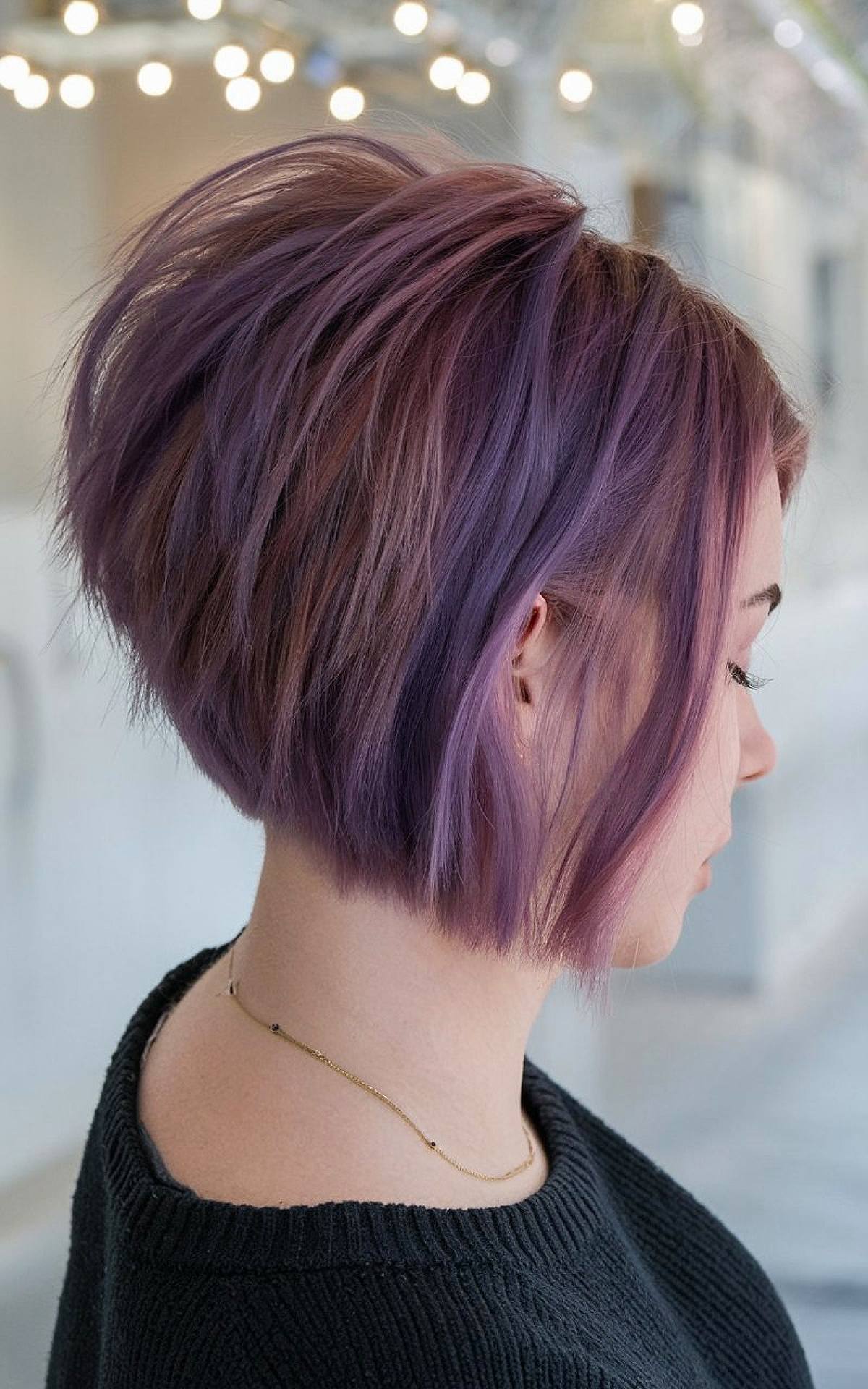 Short choppy inverted bob with lilac color and stacked layers