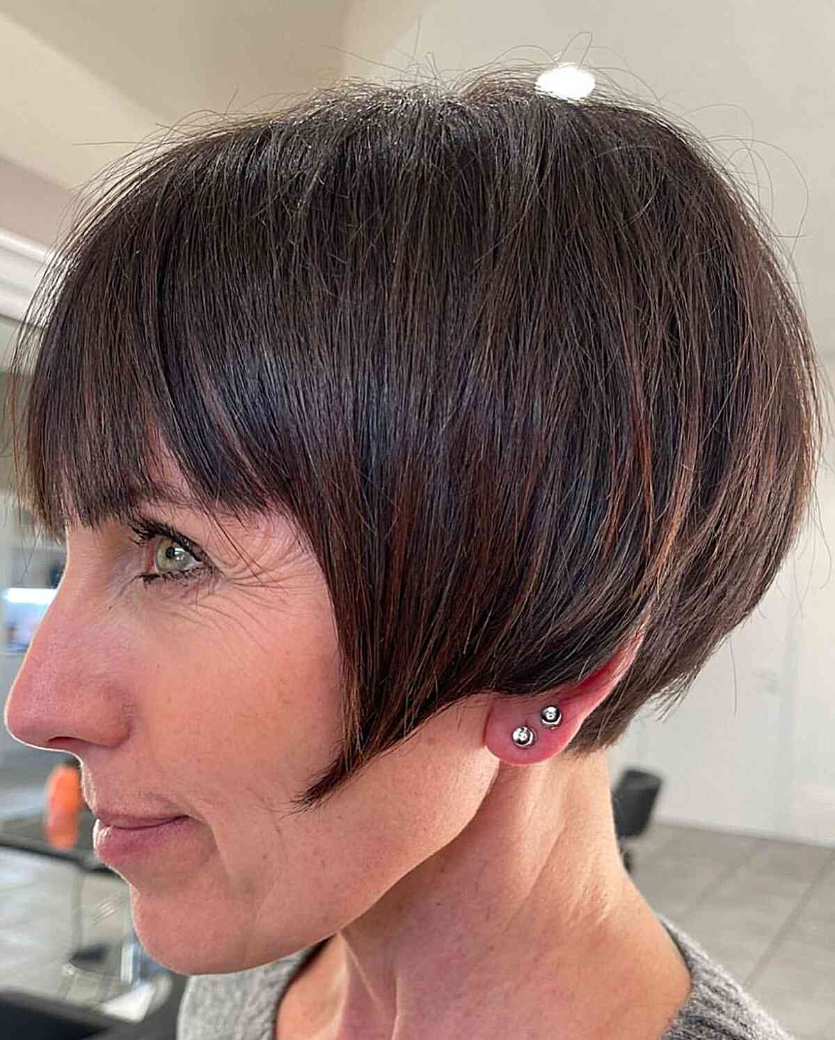 Short Coffee Brown Long Pixie with Sideburns and Bangs