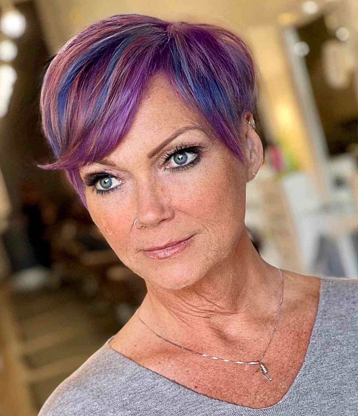 Short Colorful Blue and Purple Pixie Cut with a Side Part and Side Bangs