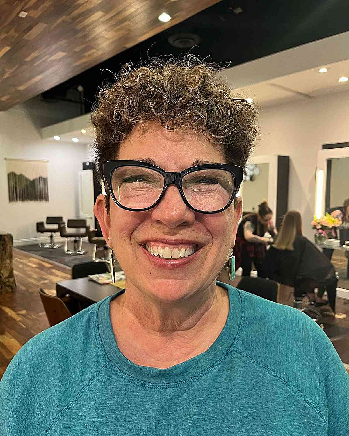 Short Curly Balayage Pixie Cut with Short Sides for Ladies Over 50 Wearing Glasses