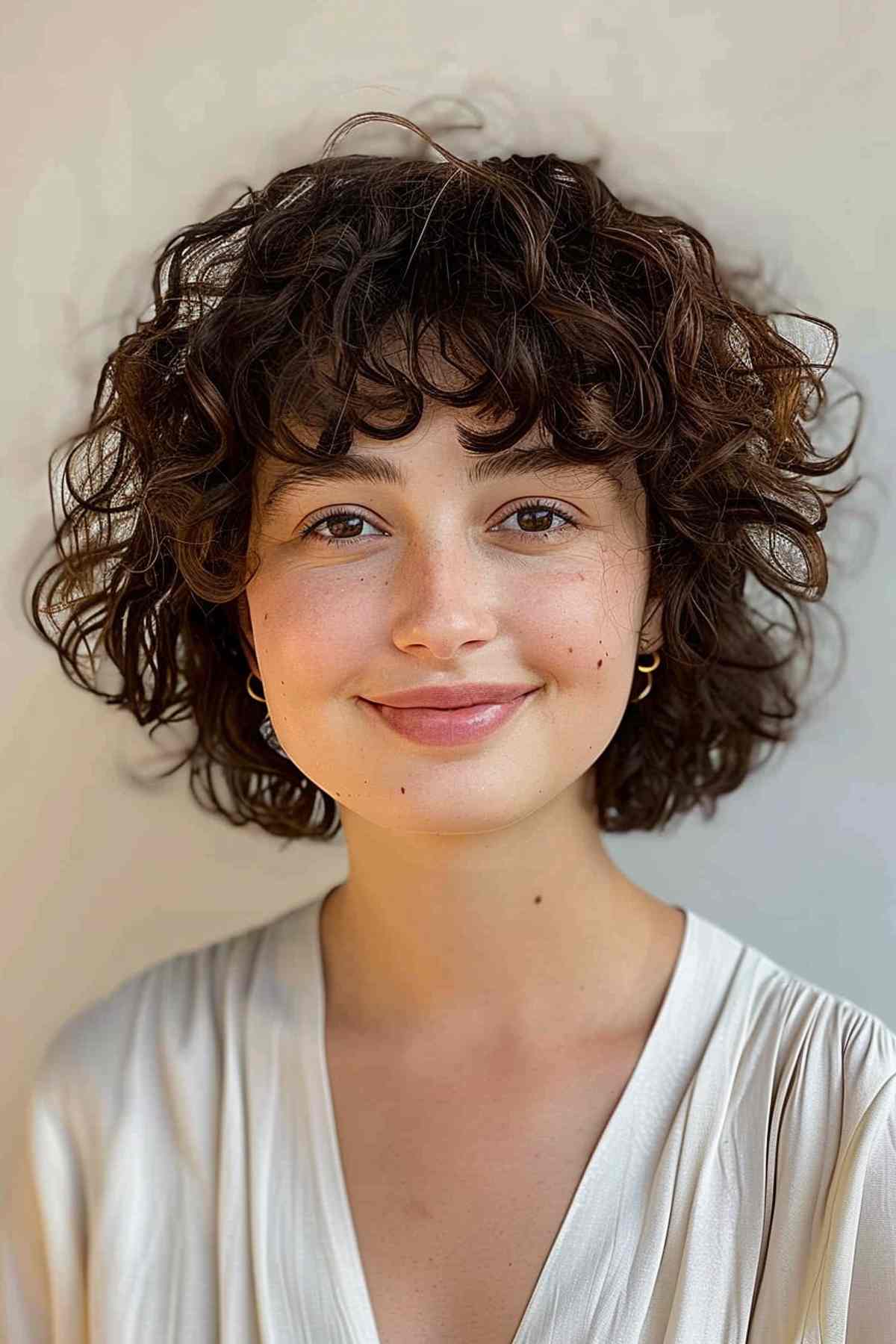 Short curly bob with layers and fringe for thick, naturally curly hair