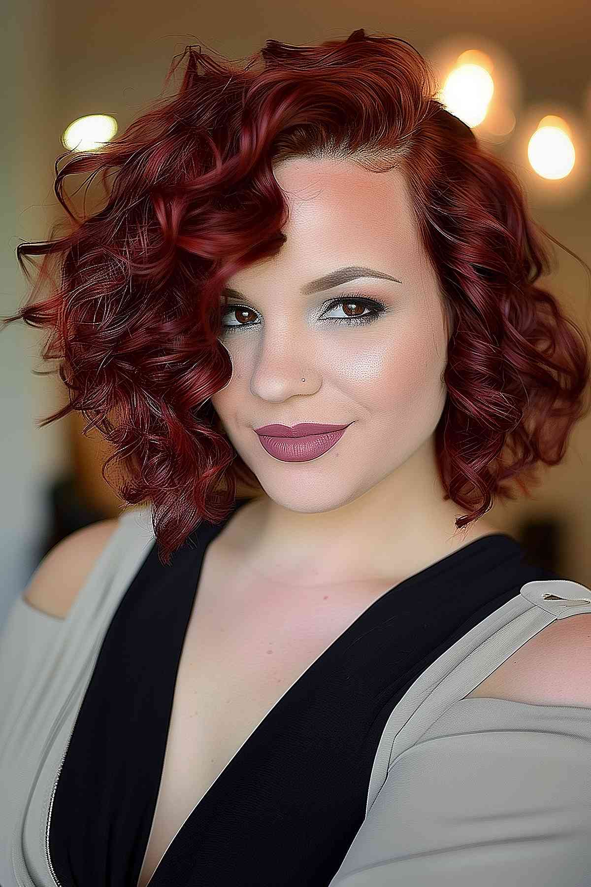 Short and curly cherry red hairstyle for a playful, voluminous look.
