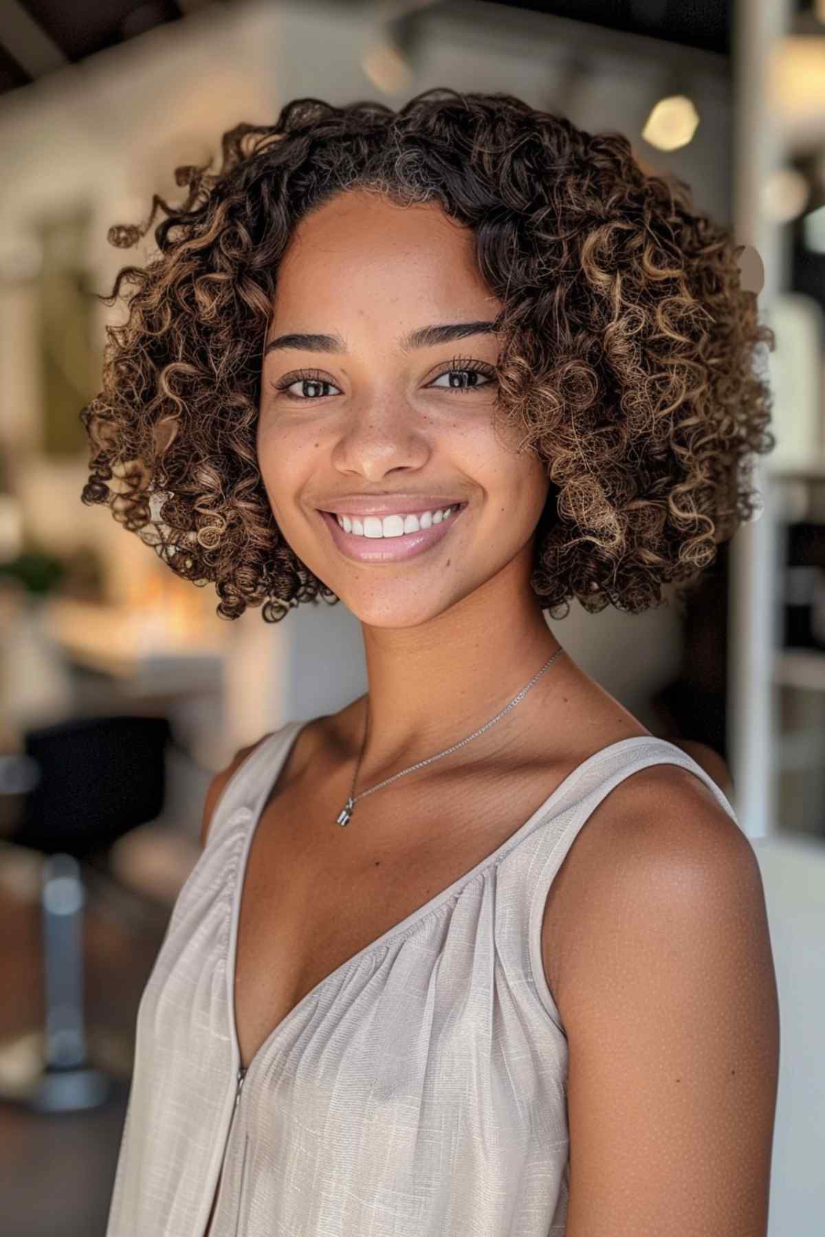 short curly hair with ash blonde highlights for brown skin