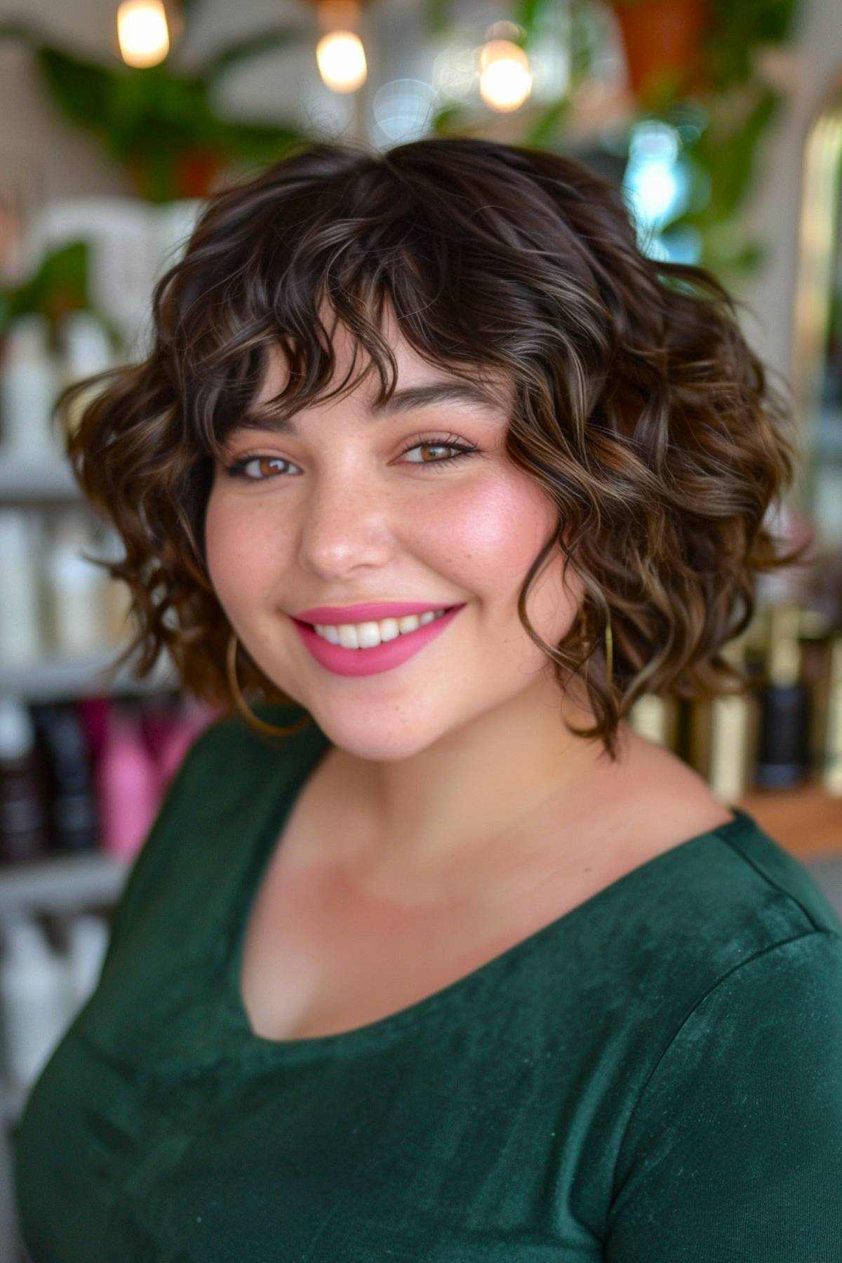 Short curly hair with bangs for round face