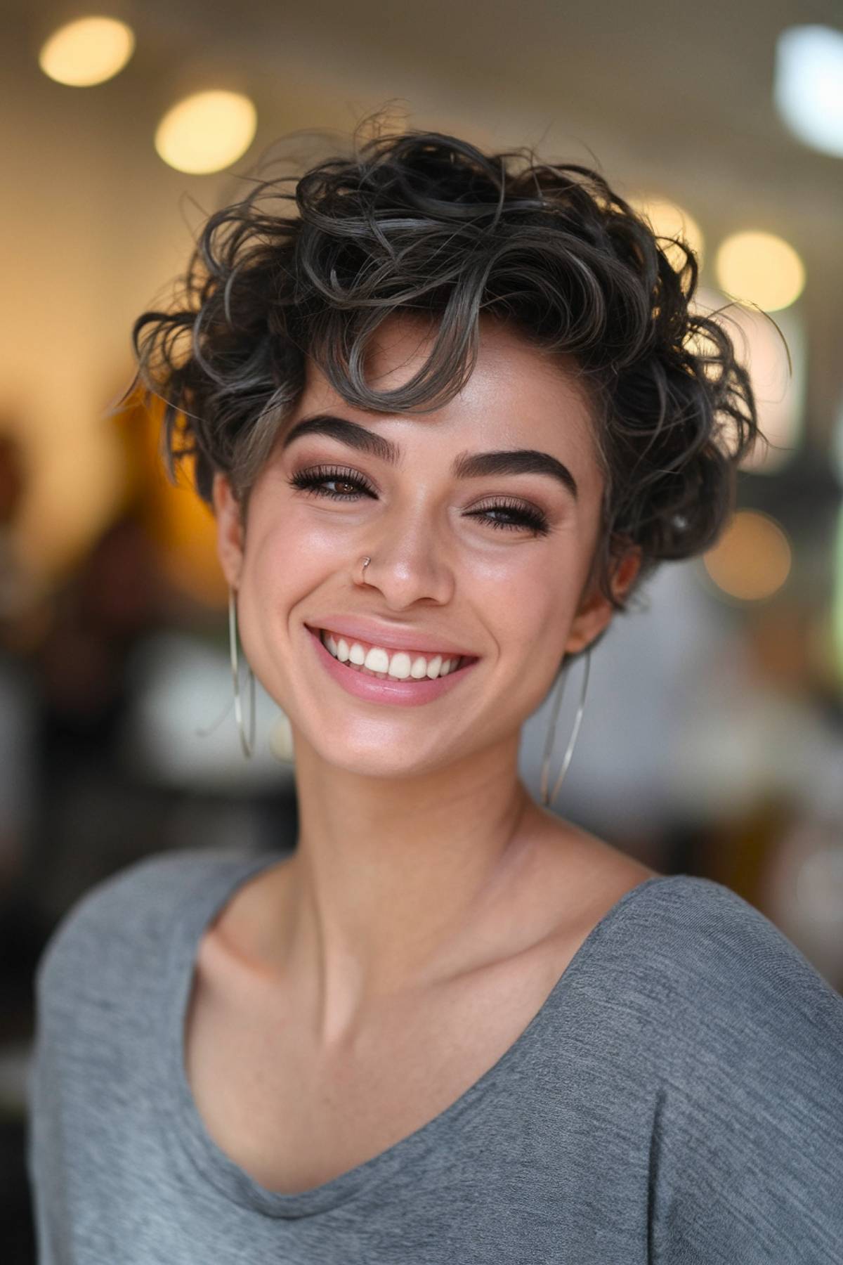 Short curly haircut with lightweight layers, enhancing volume and texture for fine hair types