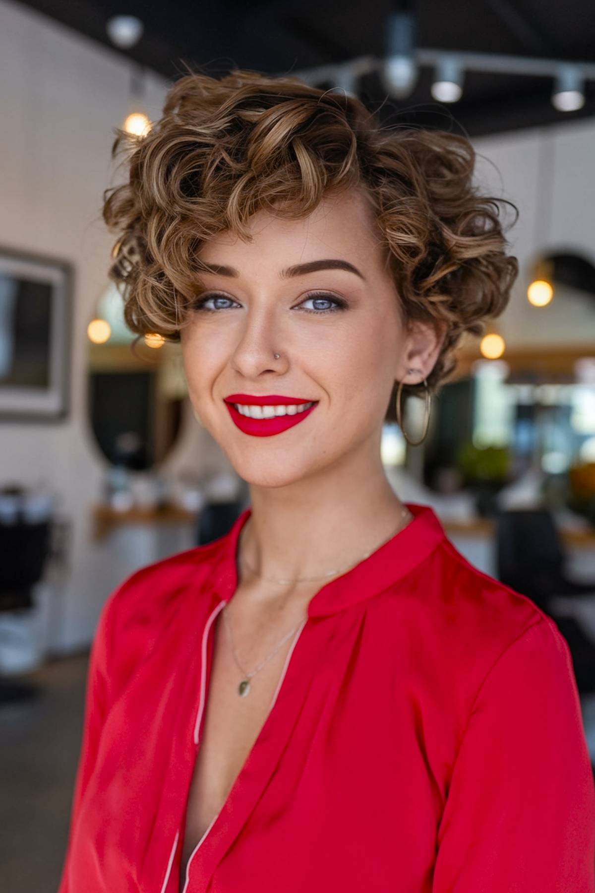 Short curly haircut with rounded layers, designed to complement oval face shapes