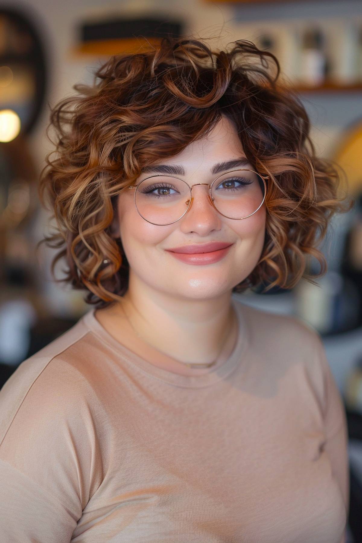 Short curly hairstyle with glasses for round face