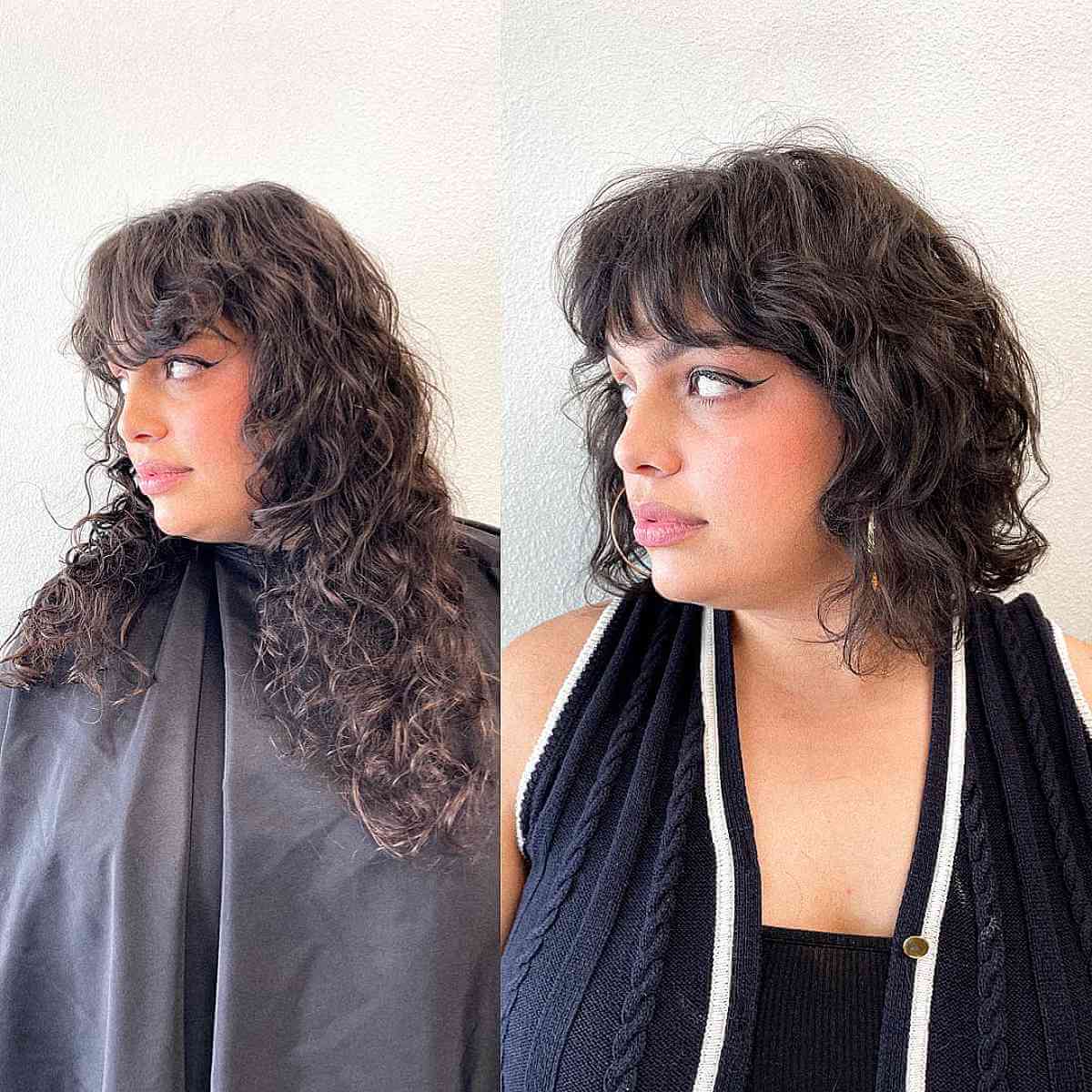 Short curly hair with bangs for a round face