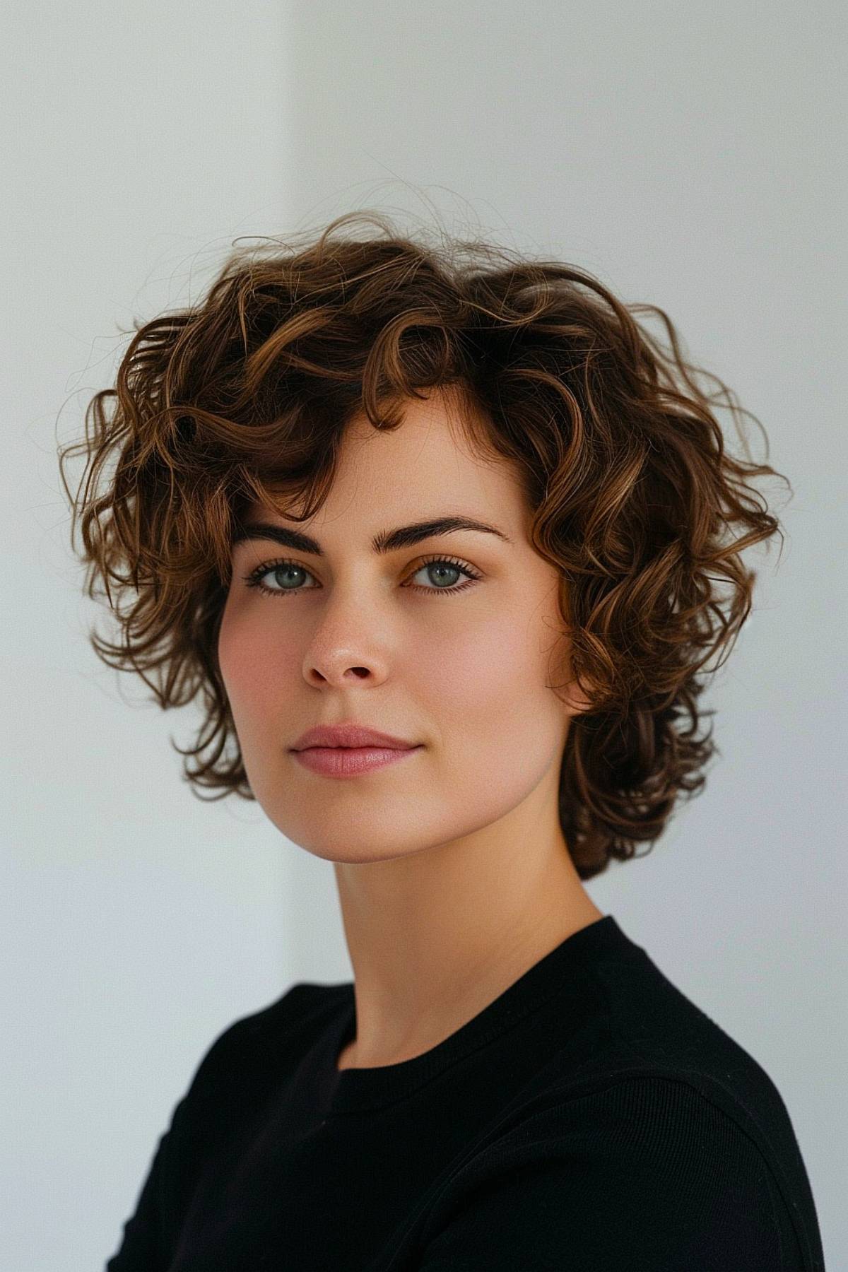 Short rounded curly hairstyle with fluffy volume