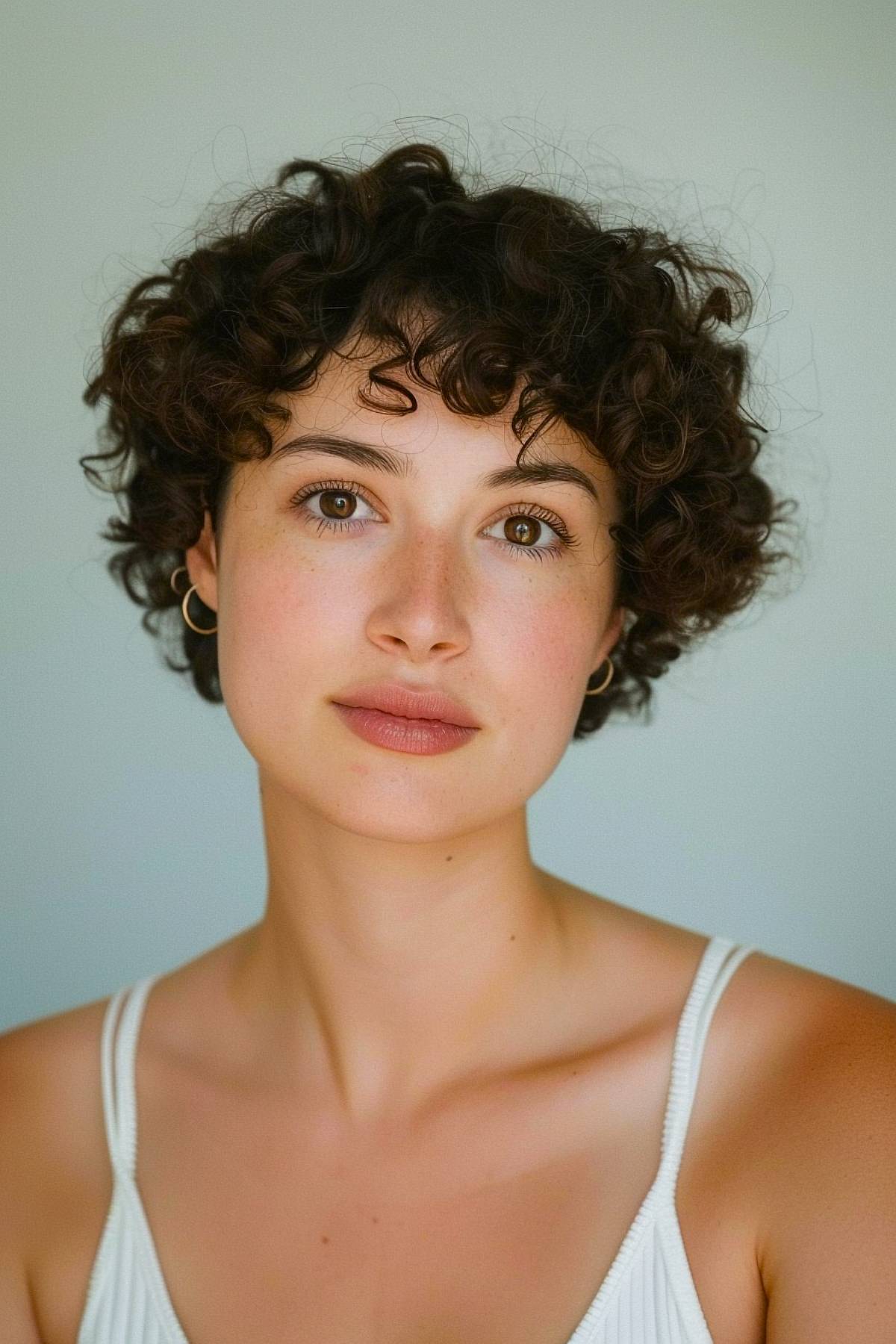 Short curly hairstyle with soft bangs