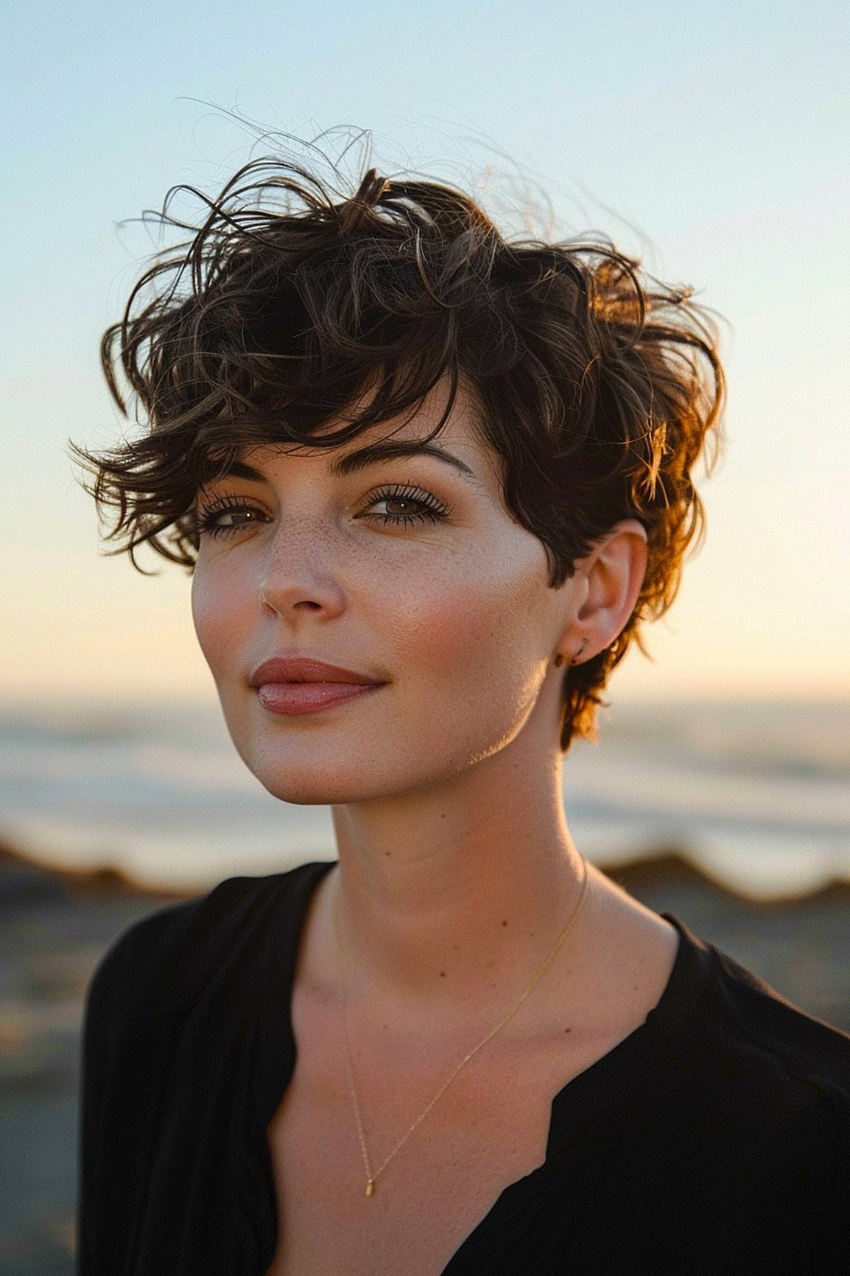 Beachy short curly pixie with soft layers