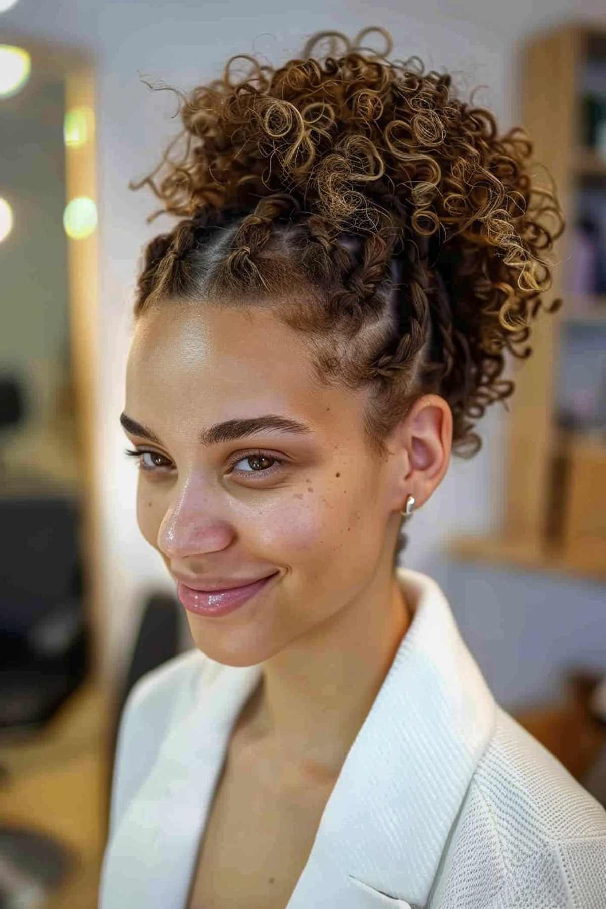 High curly puff with small base braids for short curly homecoming hairstyle