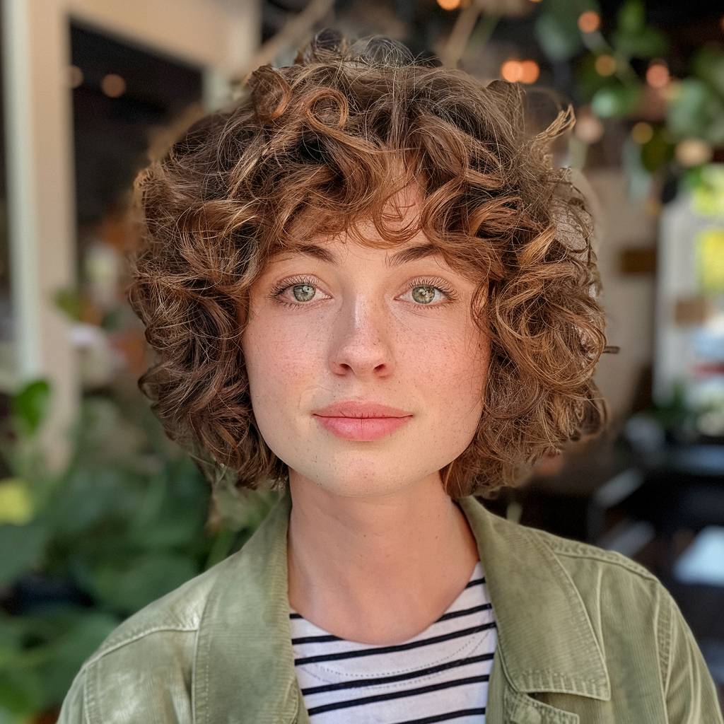 Short curly shag haircut with voluminous top and defined spiral ends for a playful curly style