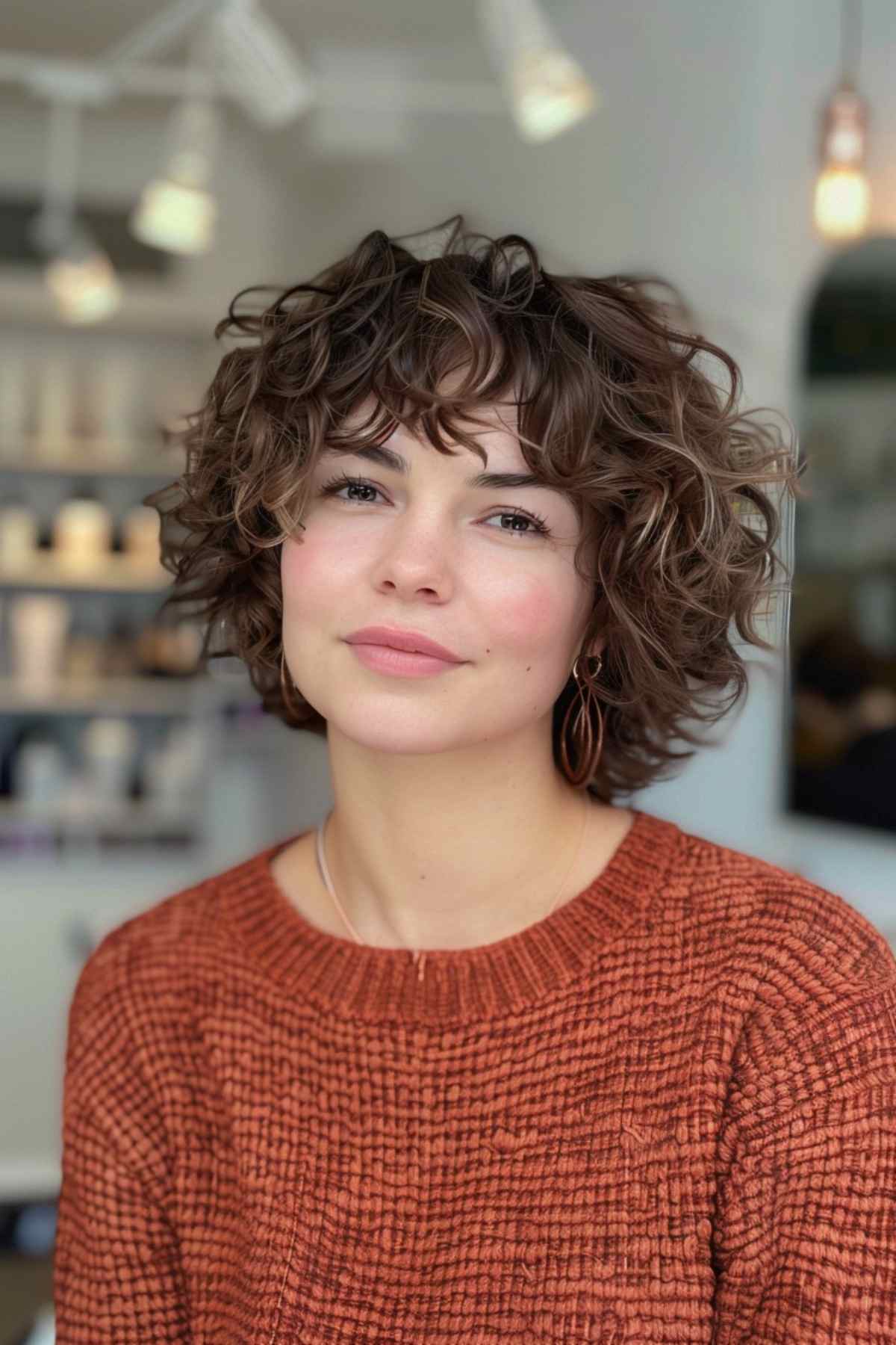 Short curly shaggy cut with messy layers, enhancing natural curls and volume