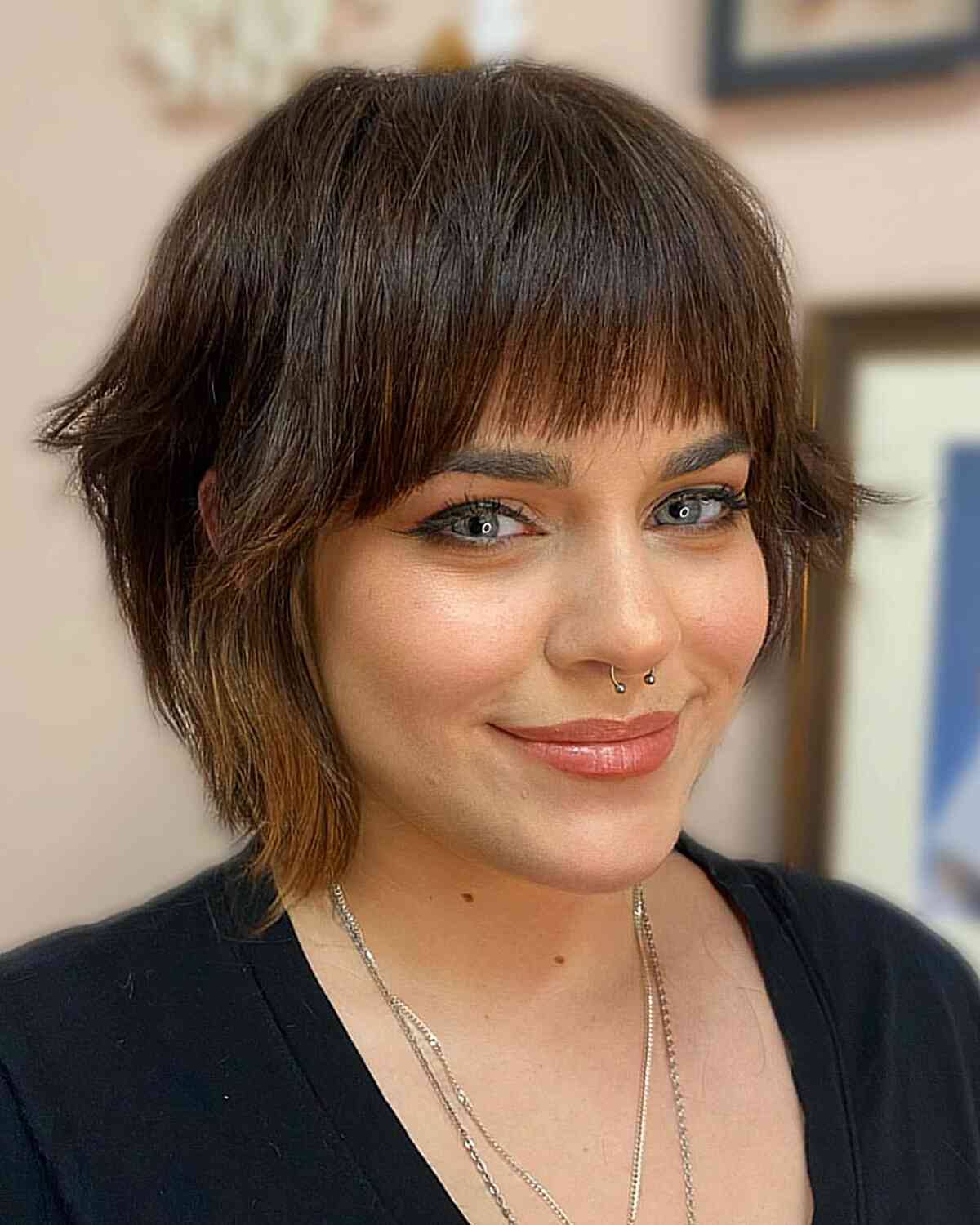Short Cute Chop Bob with Layers and Bangs for women with thick hair