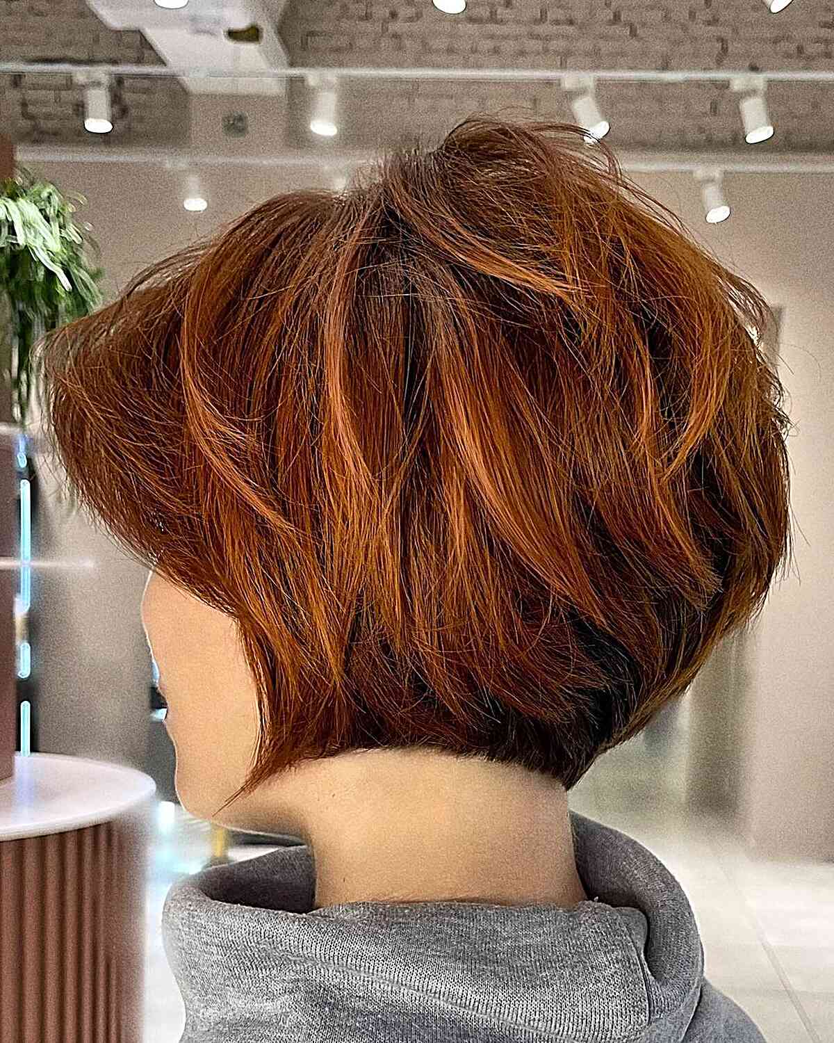 Short Dark Auburn Stacked Bob with Layers for women with thicker hair