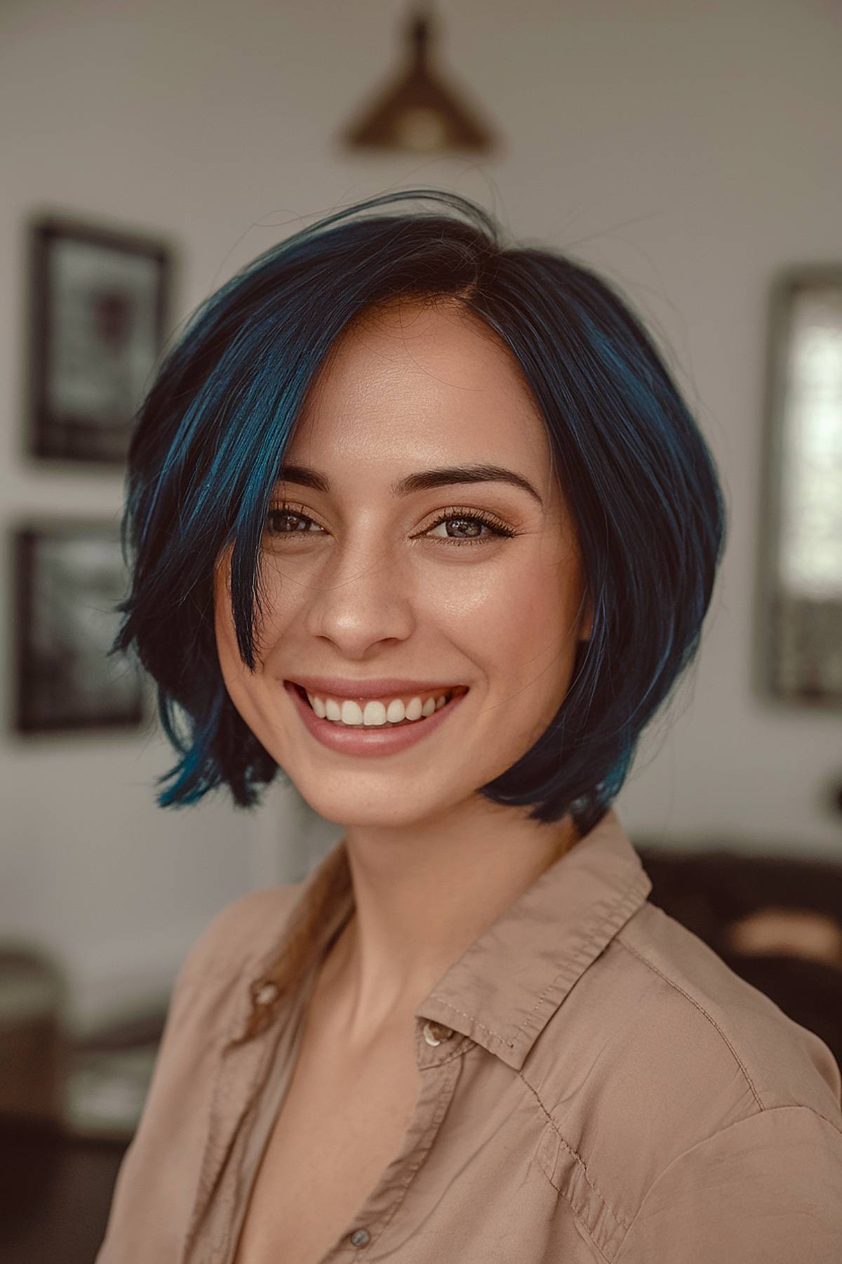 Short dark hair with a vibrant blue hue for a trendy and unique statement style