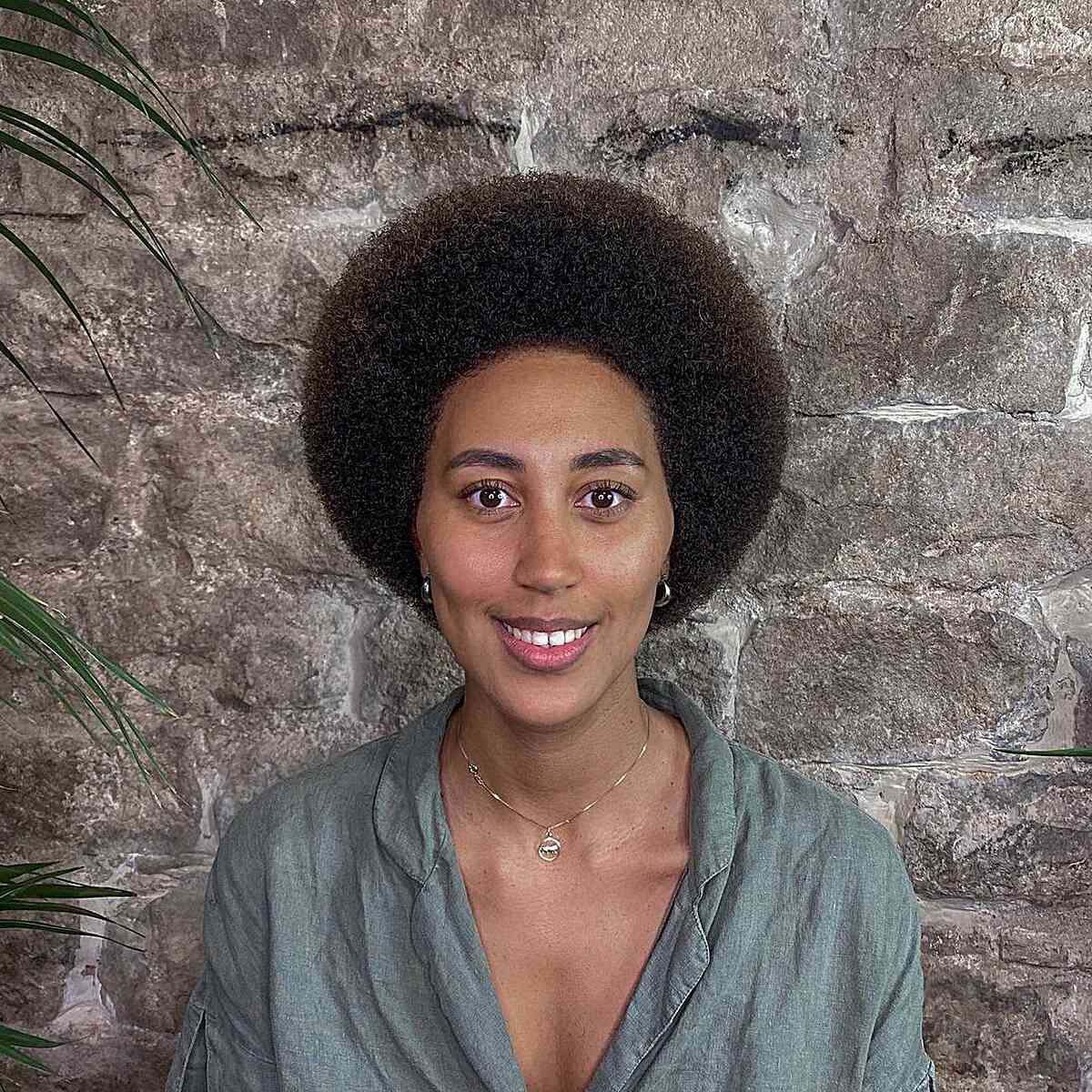 Short Dark Brunette Round Afro Hair on Black Women