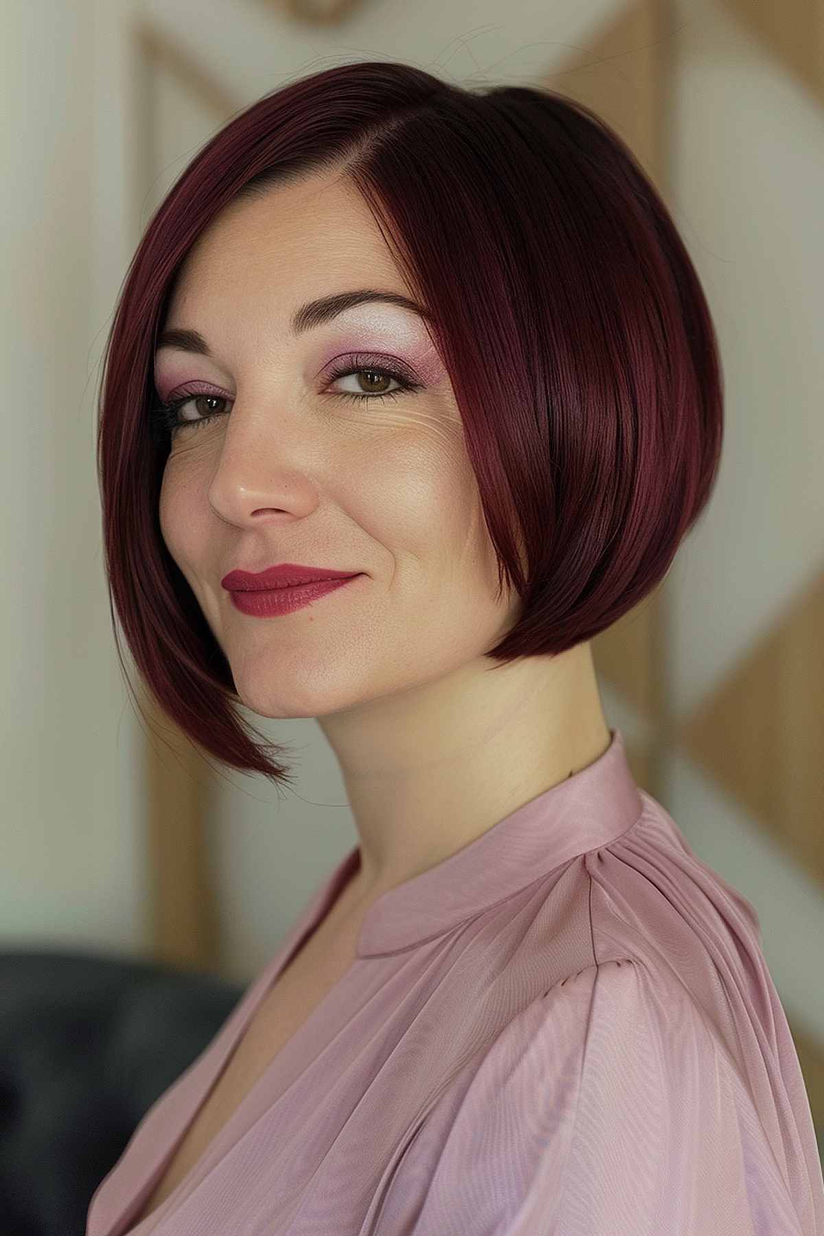 Short bob haircut with dark red coloring.